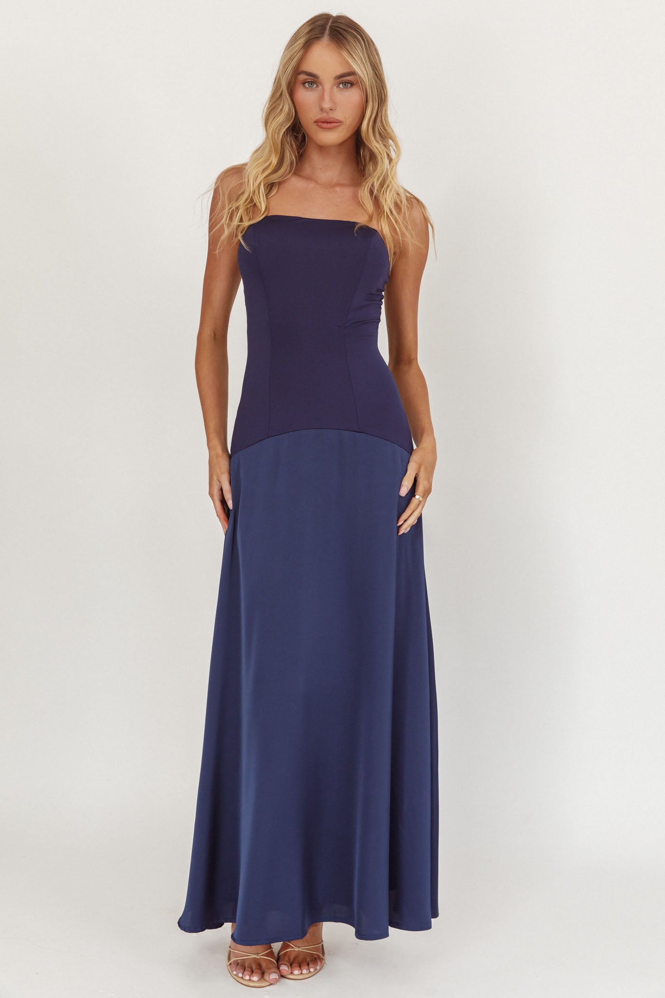 Star Avenue Strapless Drop Waist Maxi Dress Navy by Selfie Leslie