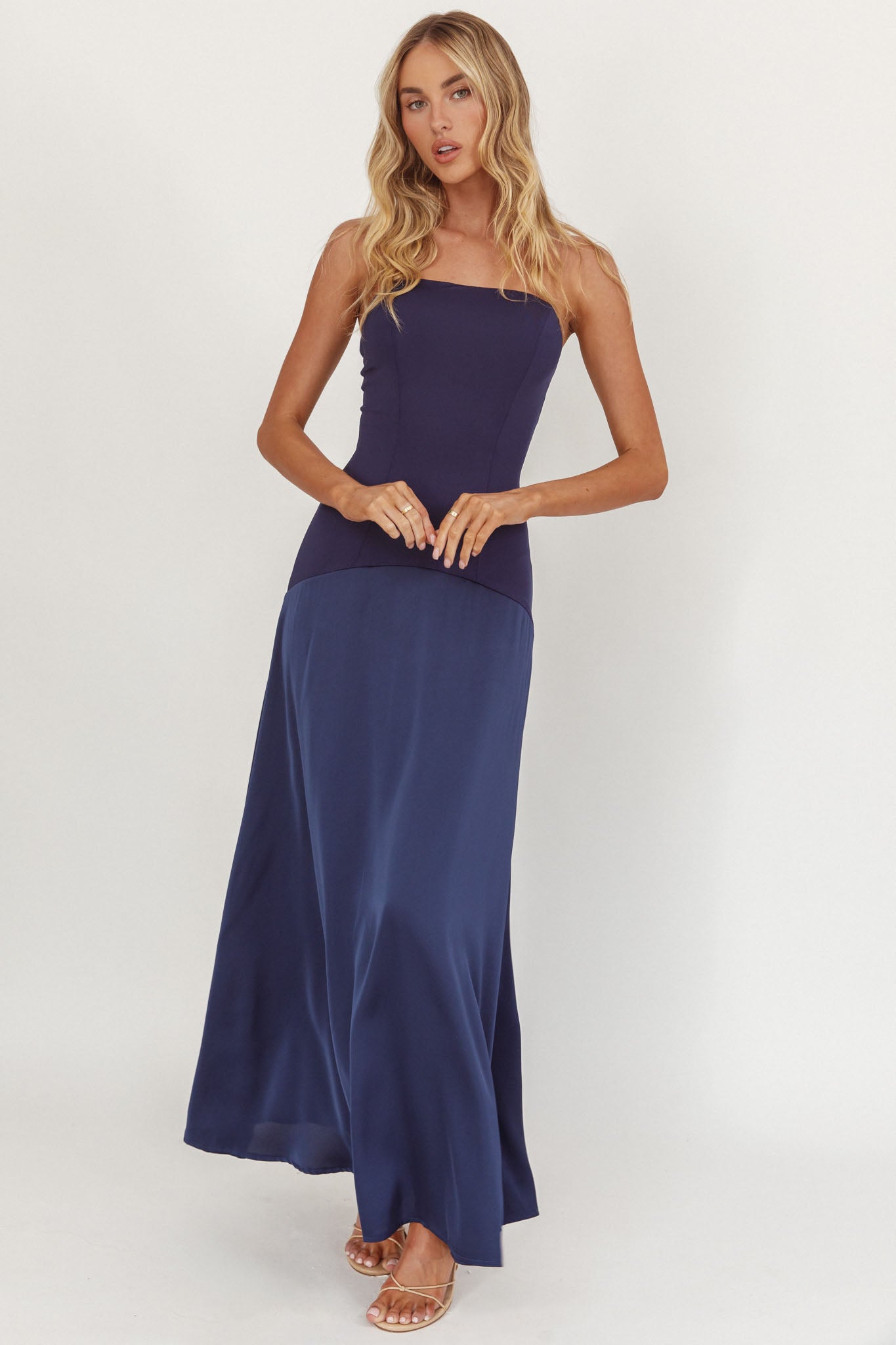 Star Avenue Strapless Drop Waist Maxi Dress Navy by Selfie Leslie
