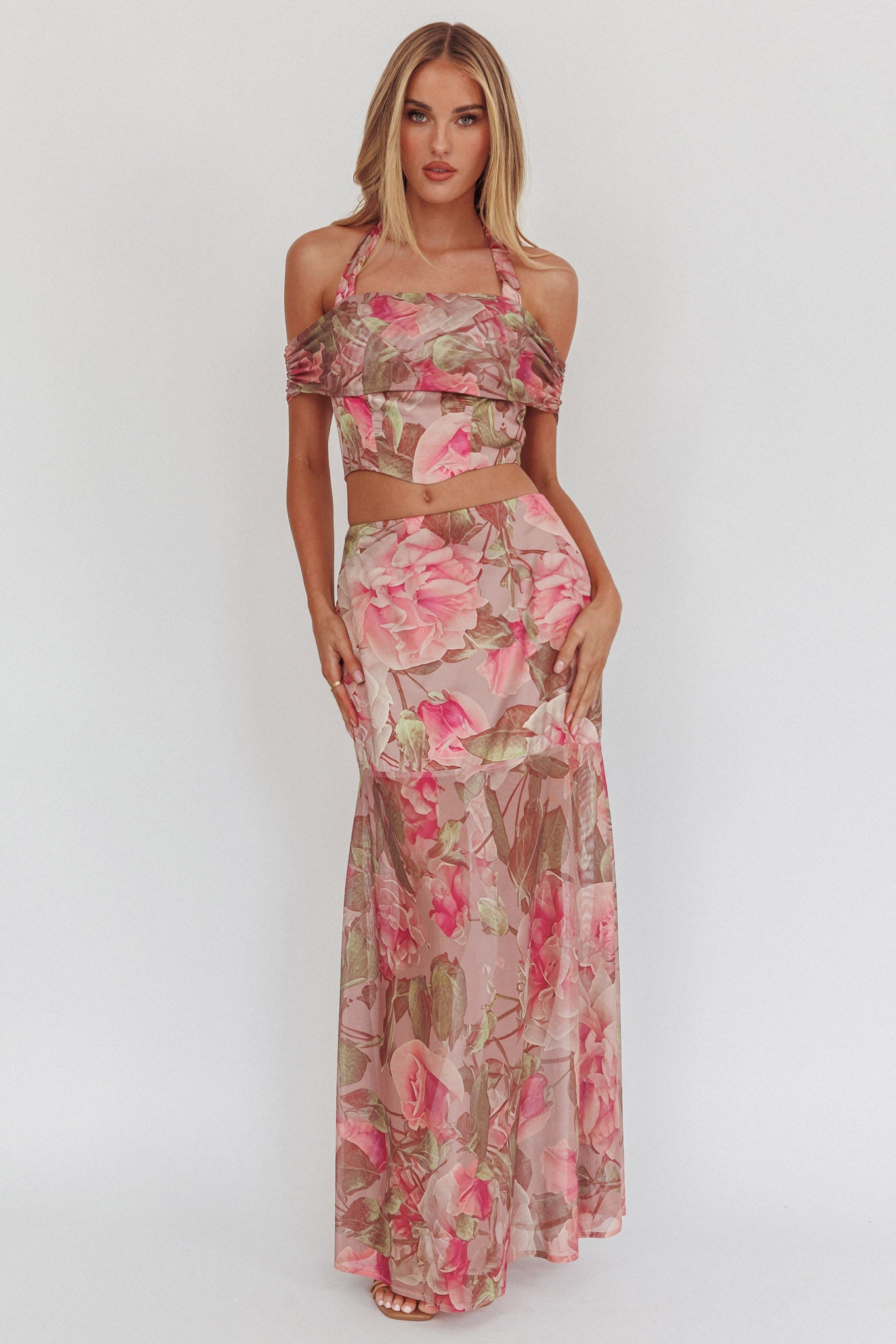 Sunset High Sheer Hem Maxi Skirt Floral Blush by Selfie Leslie