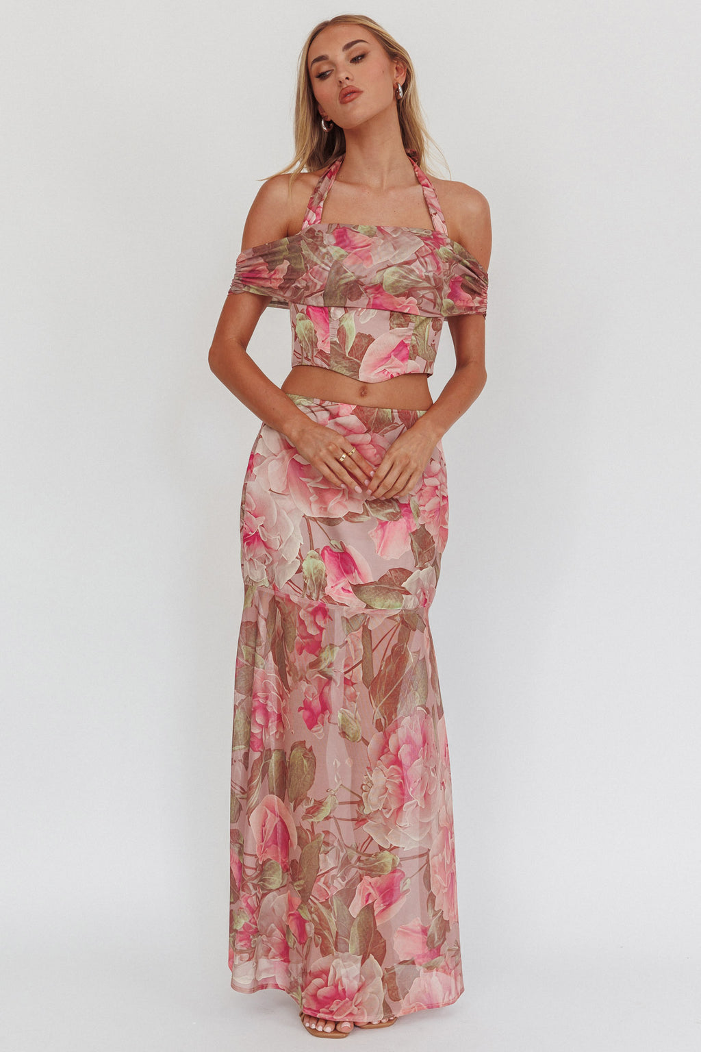 Sunset High Sheer Hem Maxi Skirt Floral Blush by Selfie Leslie