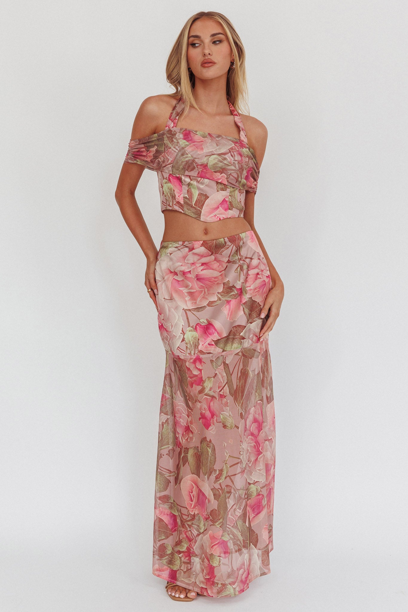 Sunset High Sheer Hem Maxi Skirt Floral Blush by Selfie Leslie