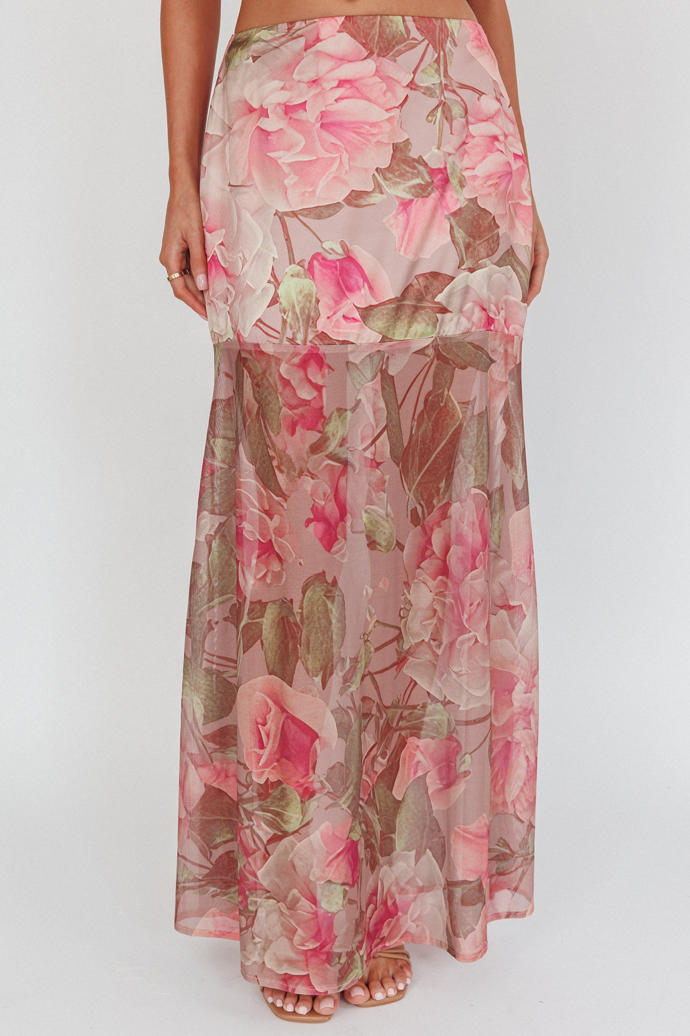 Sunset High Sheer Hem Maxi Skirt Floral Blush by Selfie Leslie
