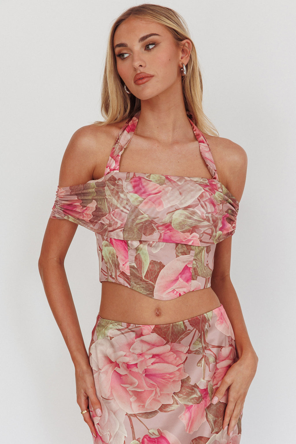 Sunset High Halterneck Crop Top Floral Blush by Selfie Leslie