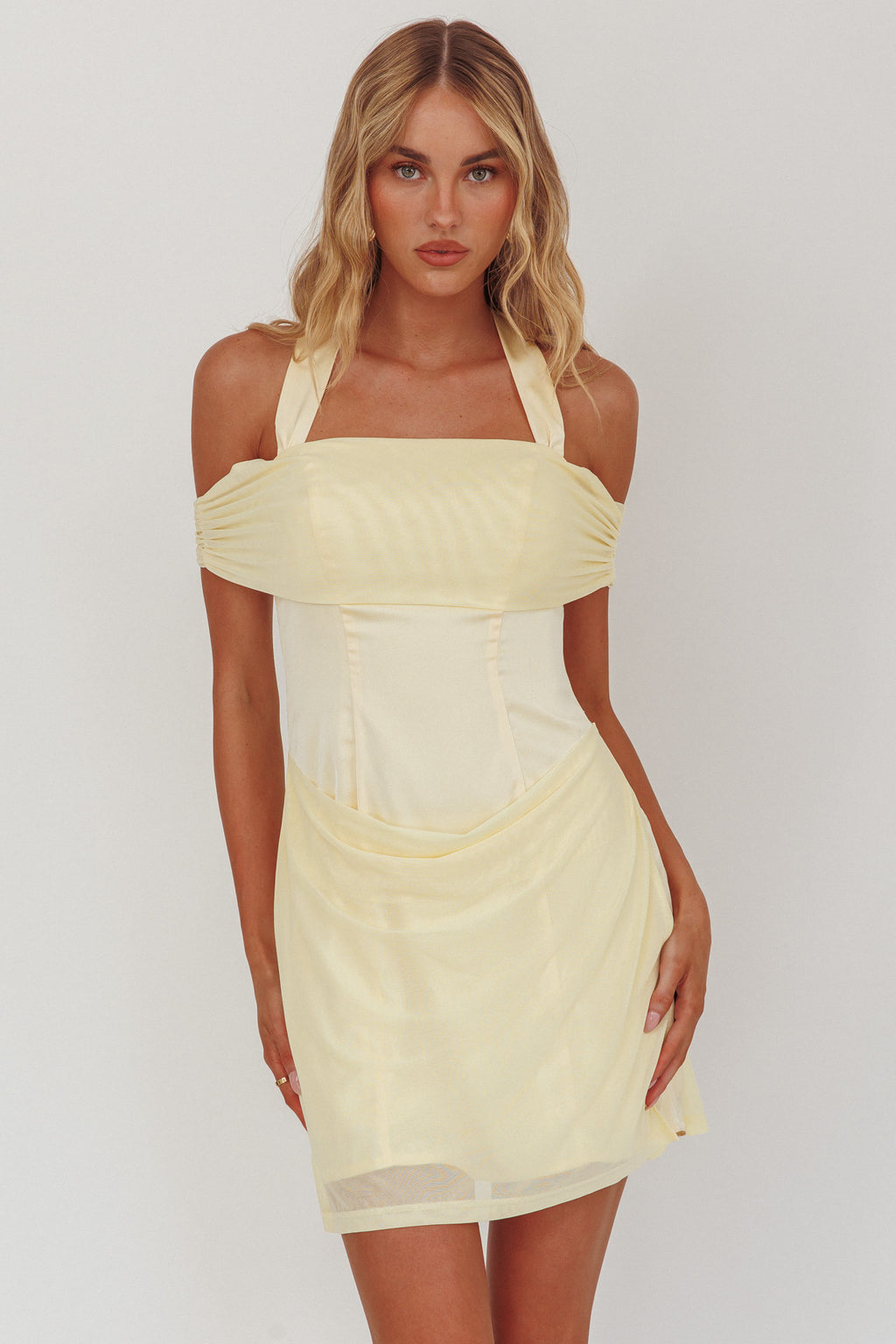 Matias Off-Shoulder Sleeve Halter Mini Dress Butter by Selfie Leslie