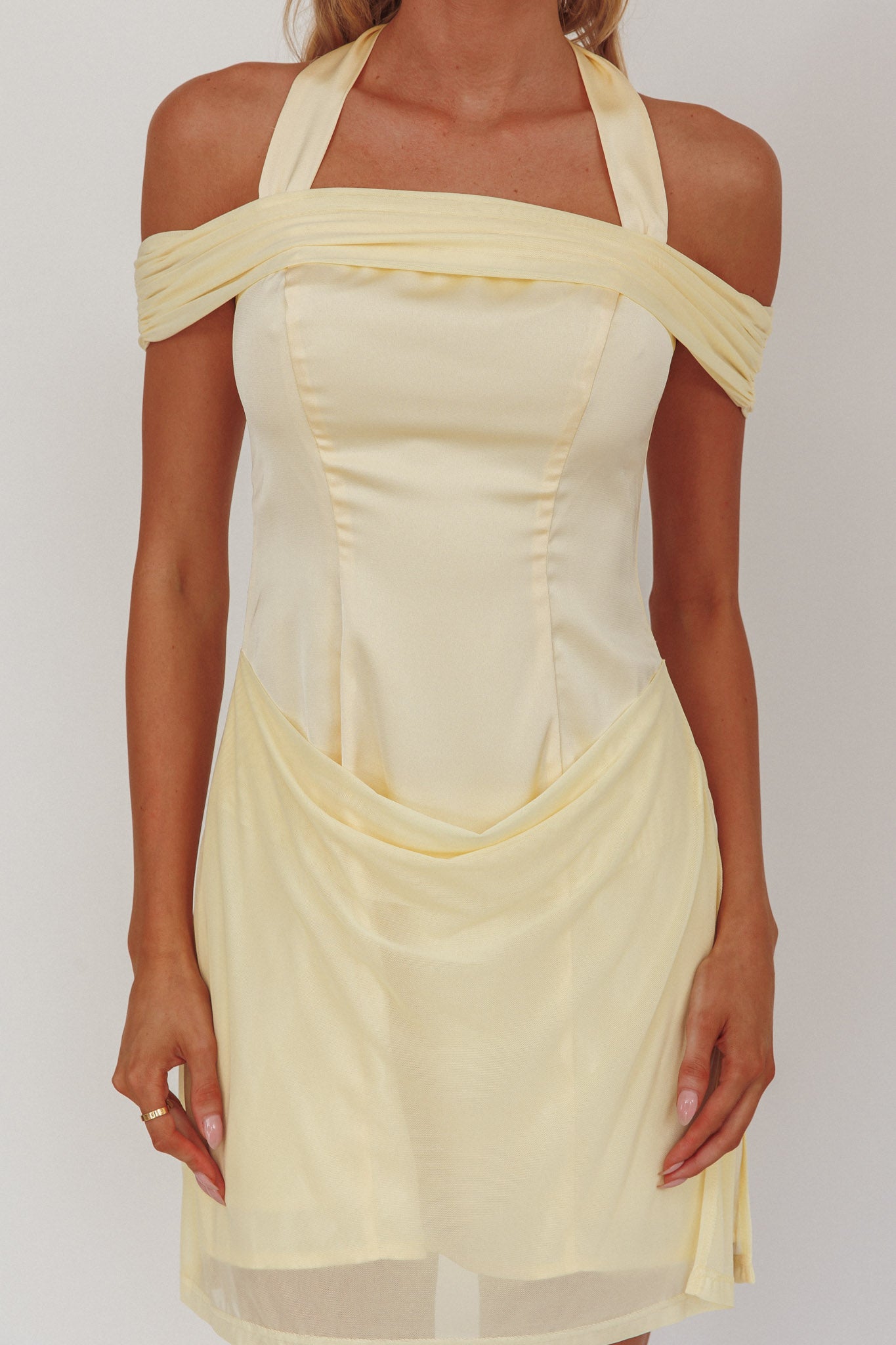 Matias Off-Shoulder Sleeve Halter Mini Dress Butter by Selfie Leslie