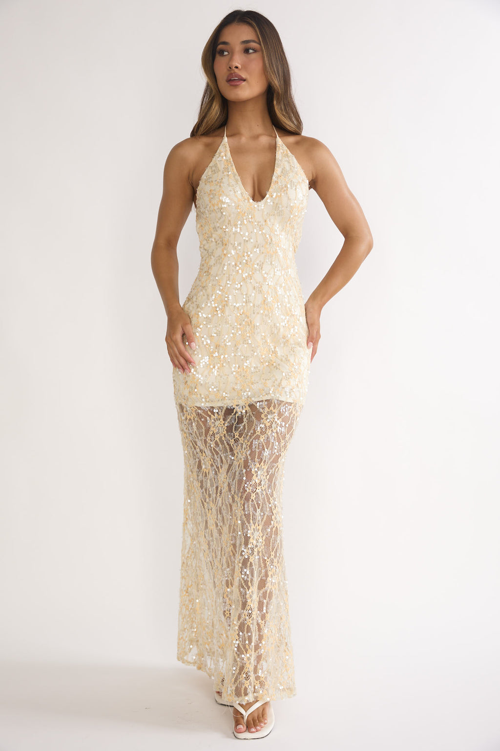 One Night Halterneck Maxi Dress Sequin Butter by Selfie Leslie