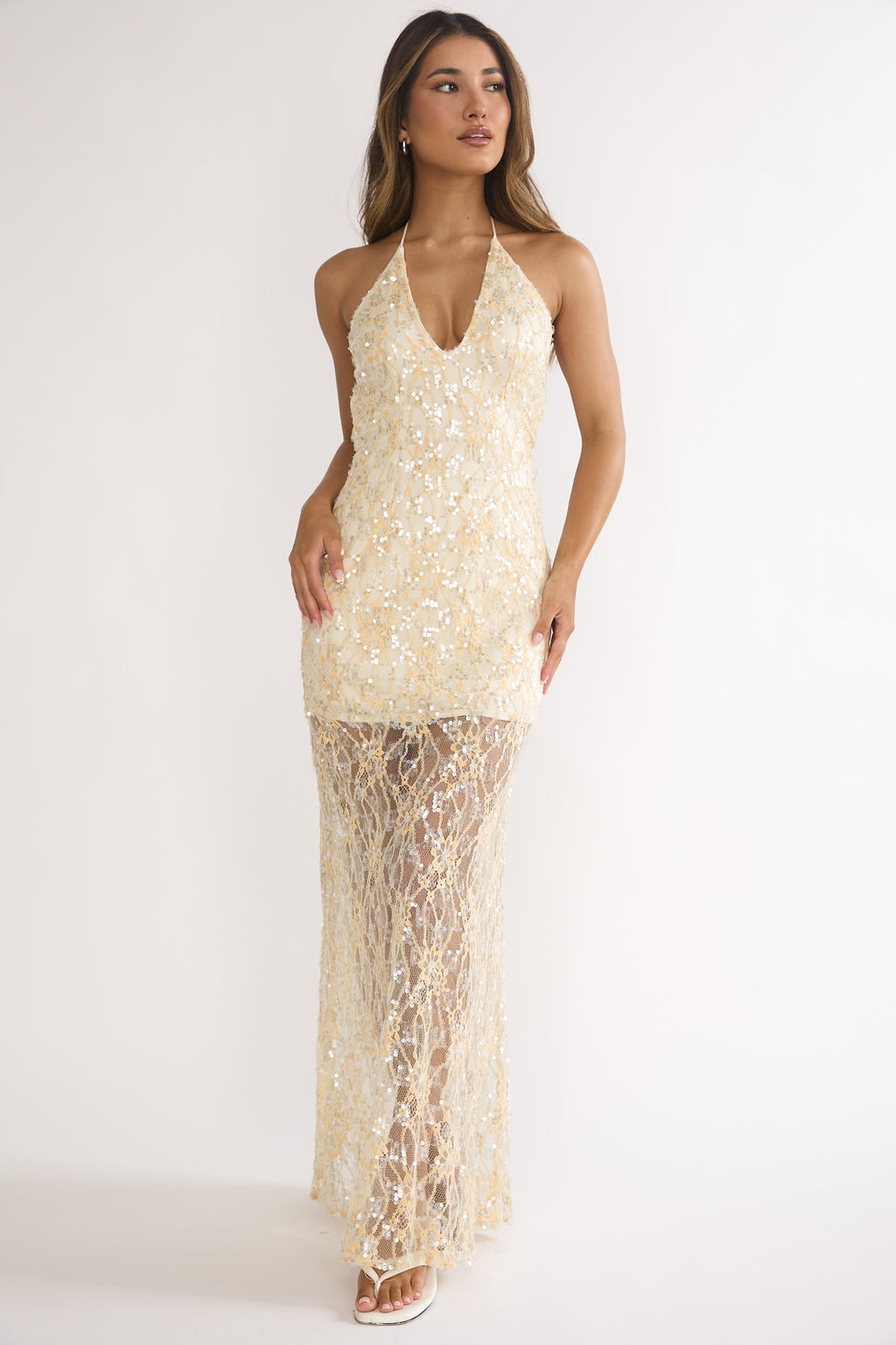 One Night Halterneck Maxi Dress Sequin Butter by Selfie Leslie
