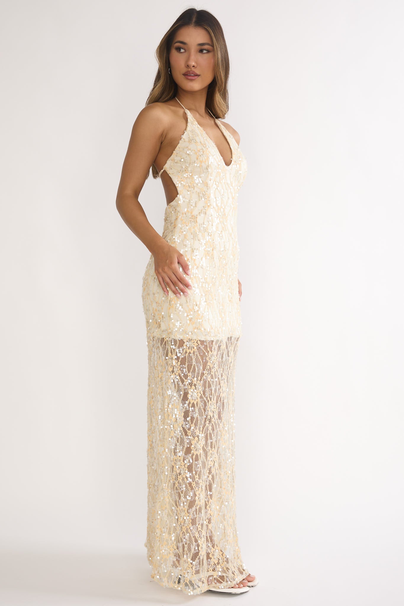maxi dress sparkle Blush Pink Sequin and Feather Glitter Dress Not lined Material composition One Night Halterneck Maxi Dress
