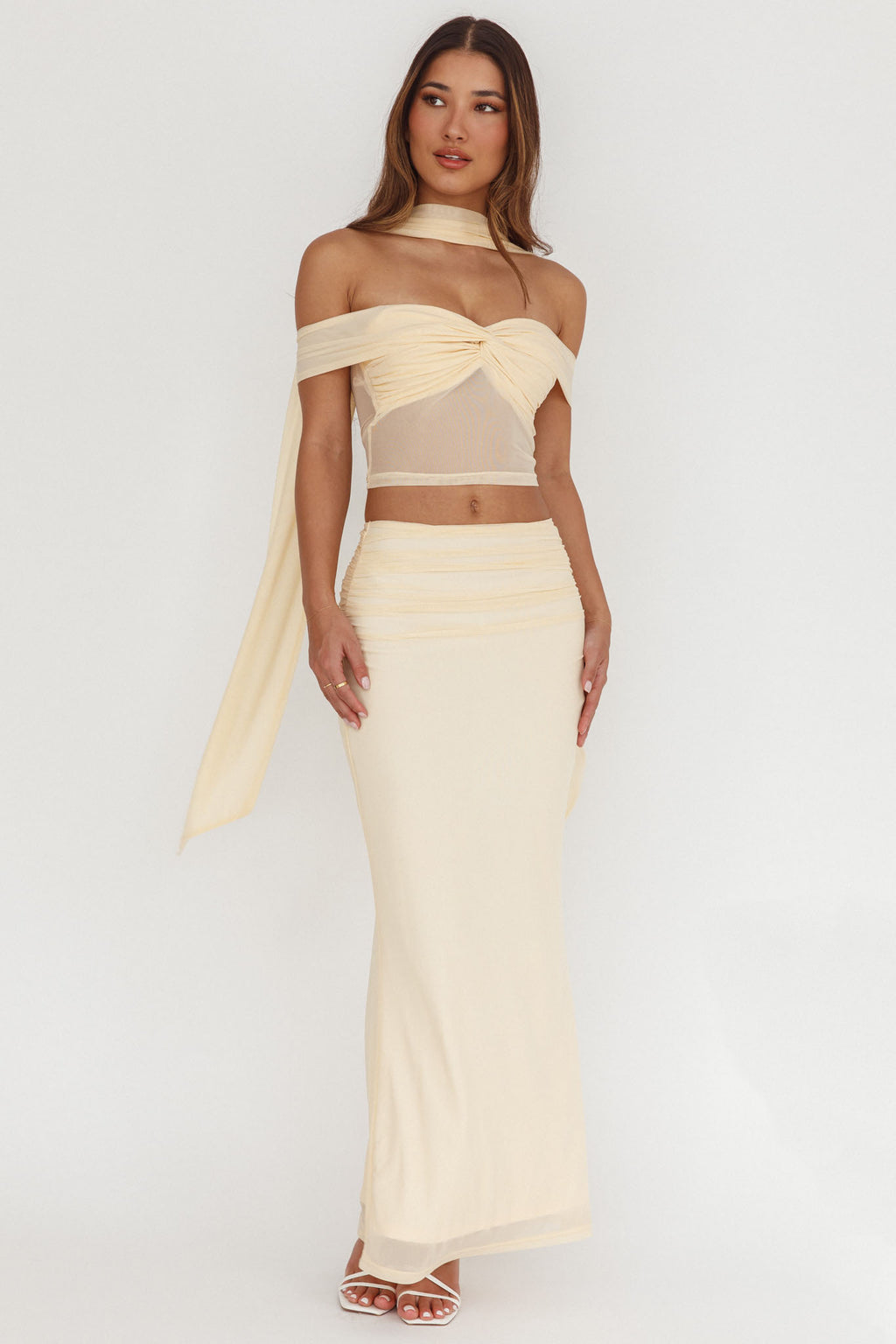 All The Lights Ruched Midi Skirt Cream by Selfie Leslie
