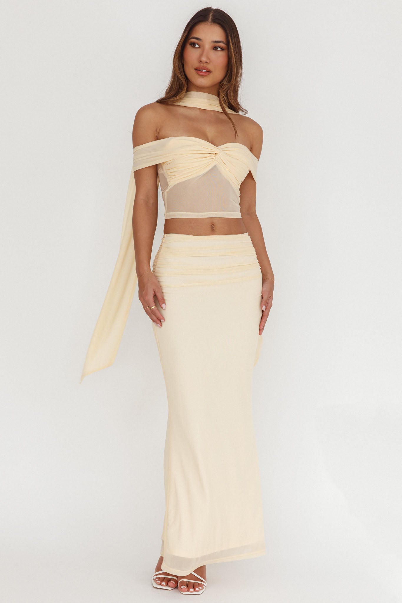 All The Lights Ruched Midi Skirt Cream by Selfie Leslie
