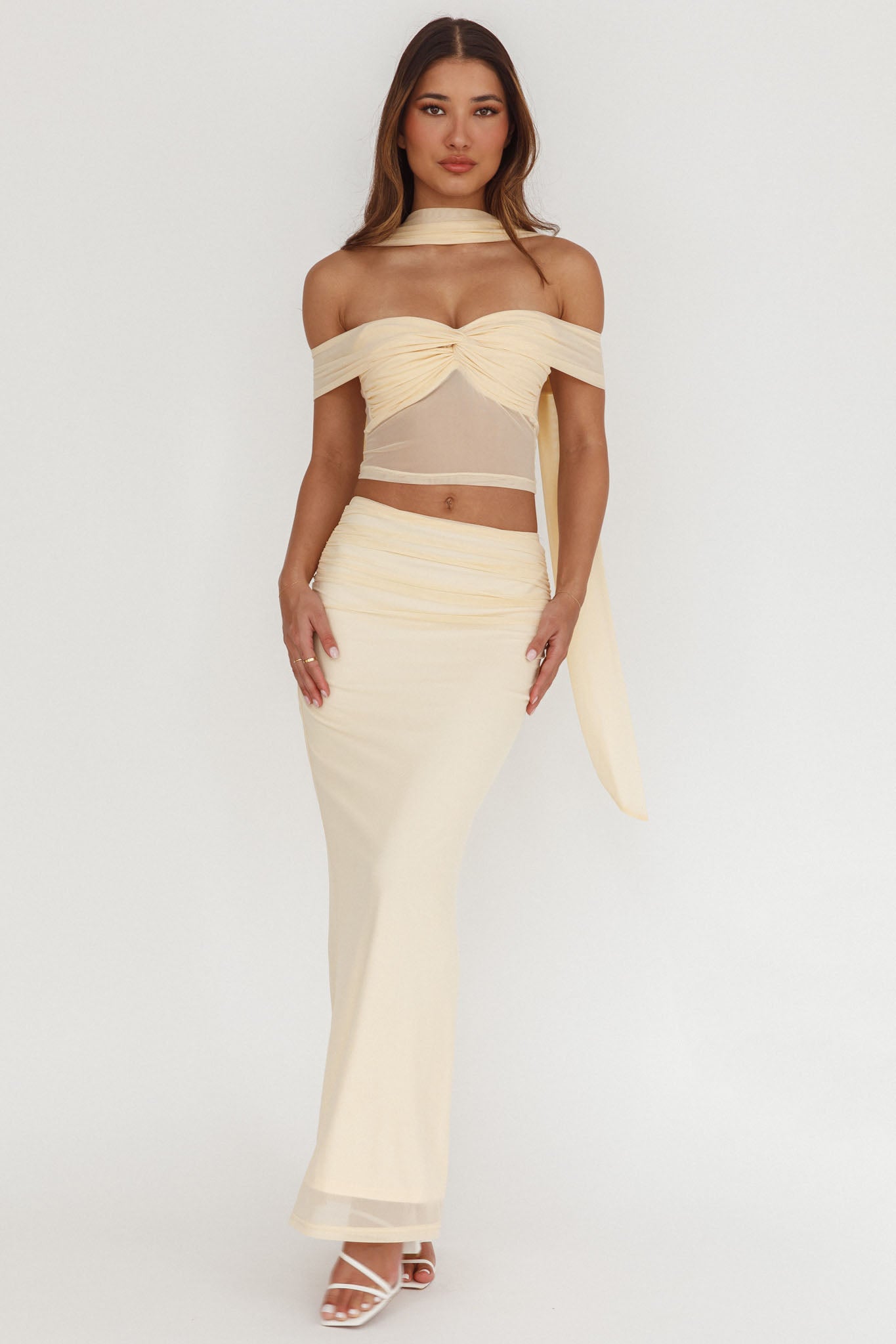 All The Lights Ruched Midi Skirt Cream by Selfie Leslie