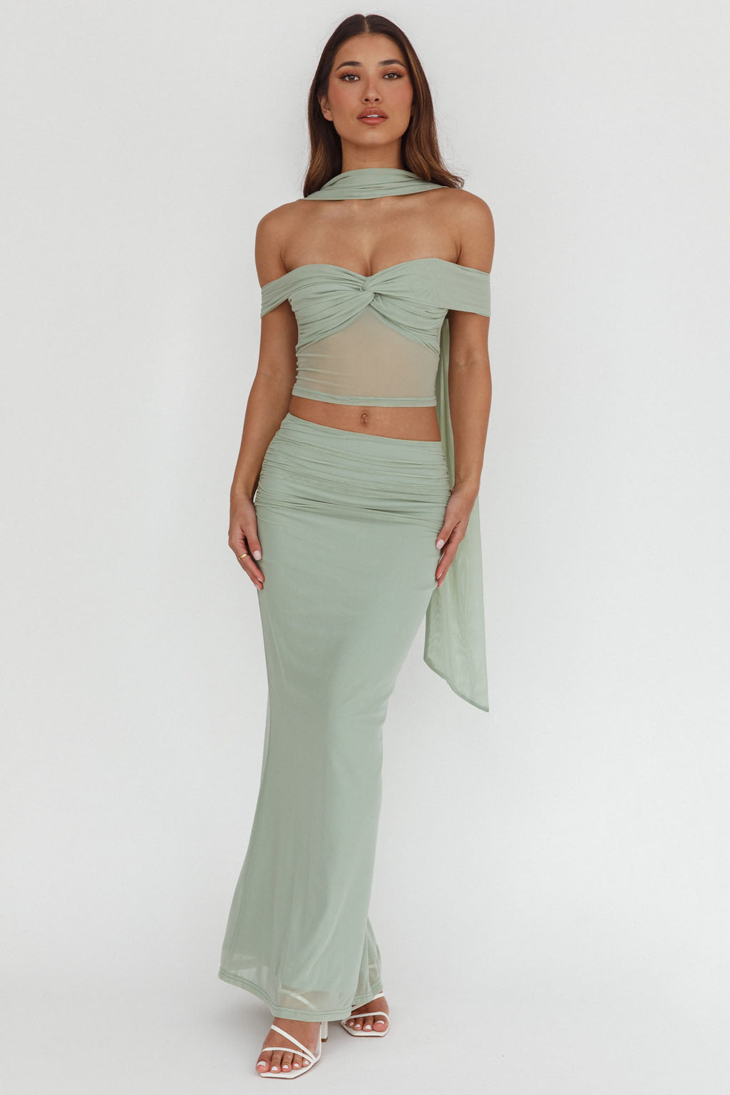 All The Lights Ruched Midi Skirt Sage by Selfie Leslie