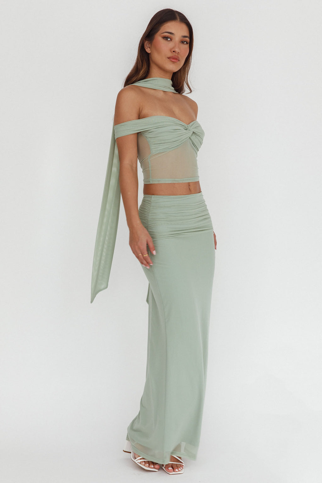 All The Lights Ruched Midi Skirt Sage by Selfie Leslie