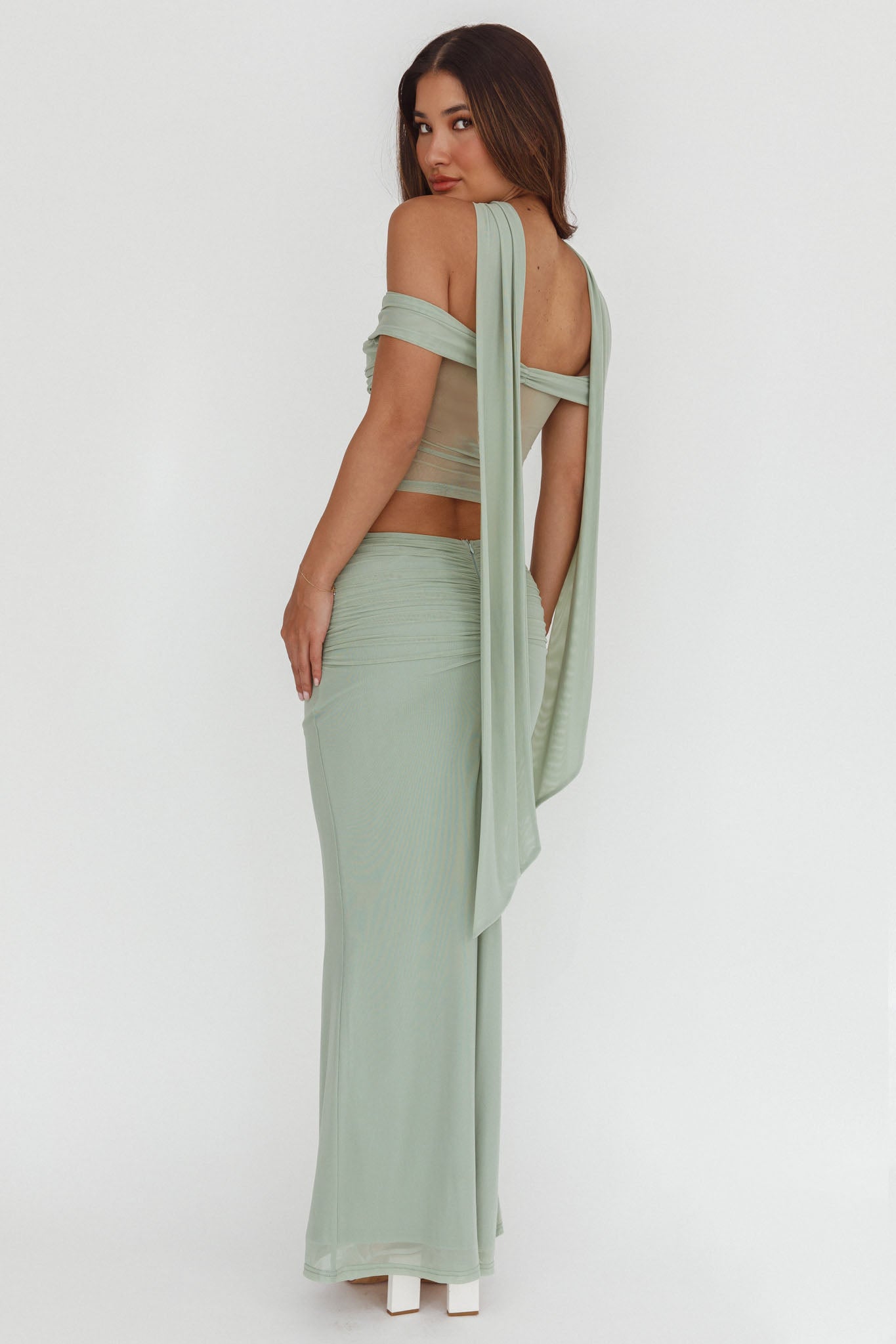 All The Lights Ruched Midi Skirt Sage by Selfie Leslie
