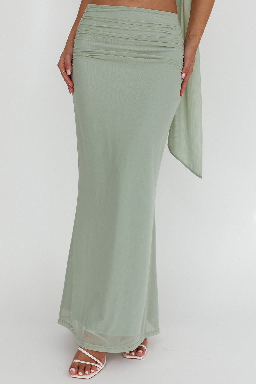 All The Lights Ruched Midi Skirt Sage by Selfie Leslie