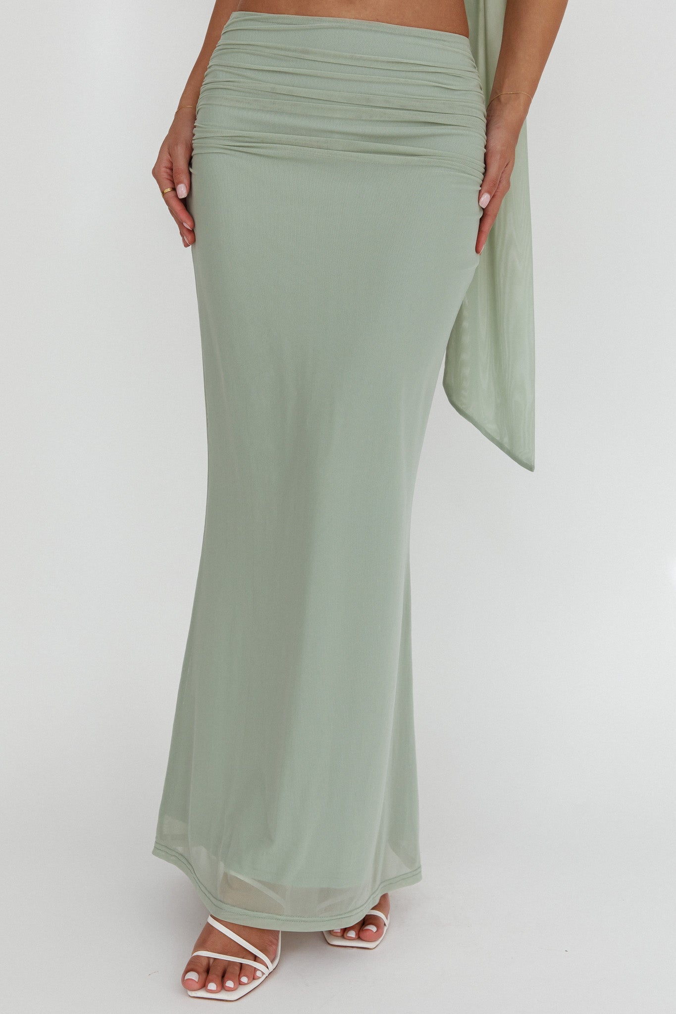 All The Lights Ruched Midi Skirt Sage by Selfie Leslie