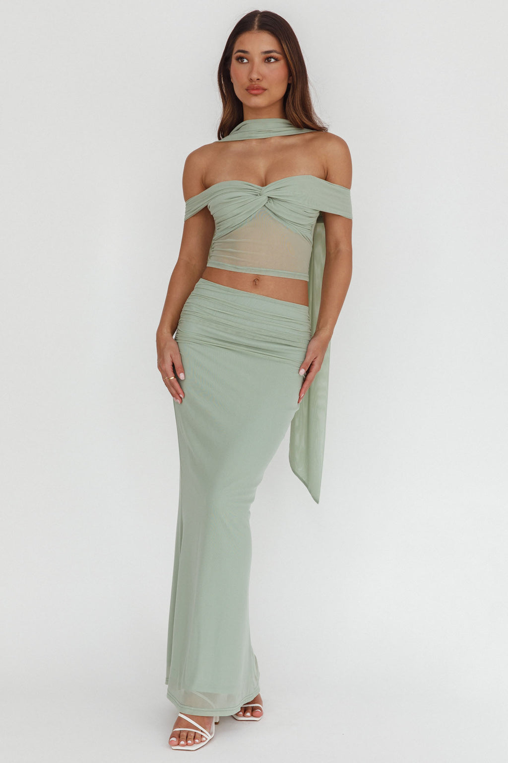All The Lights Ruched Midi Skirt Sage by Selfie Leslie