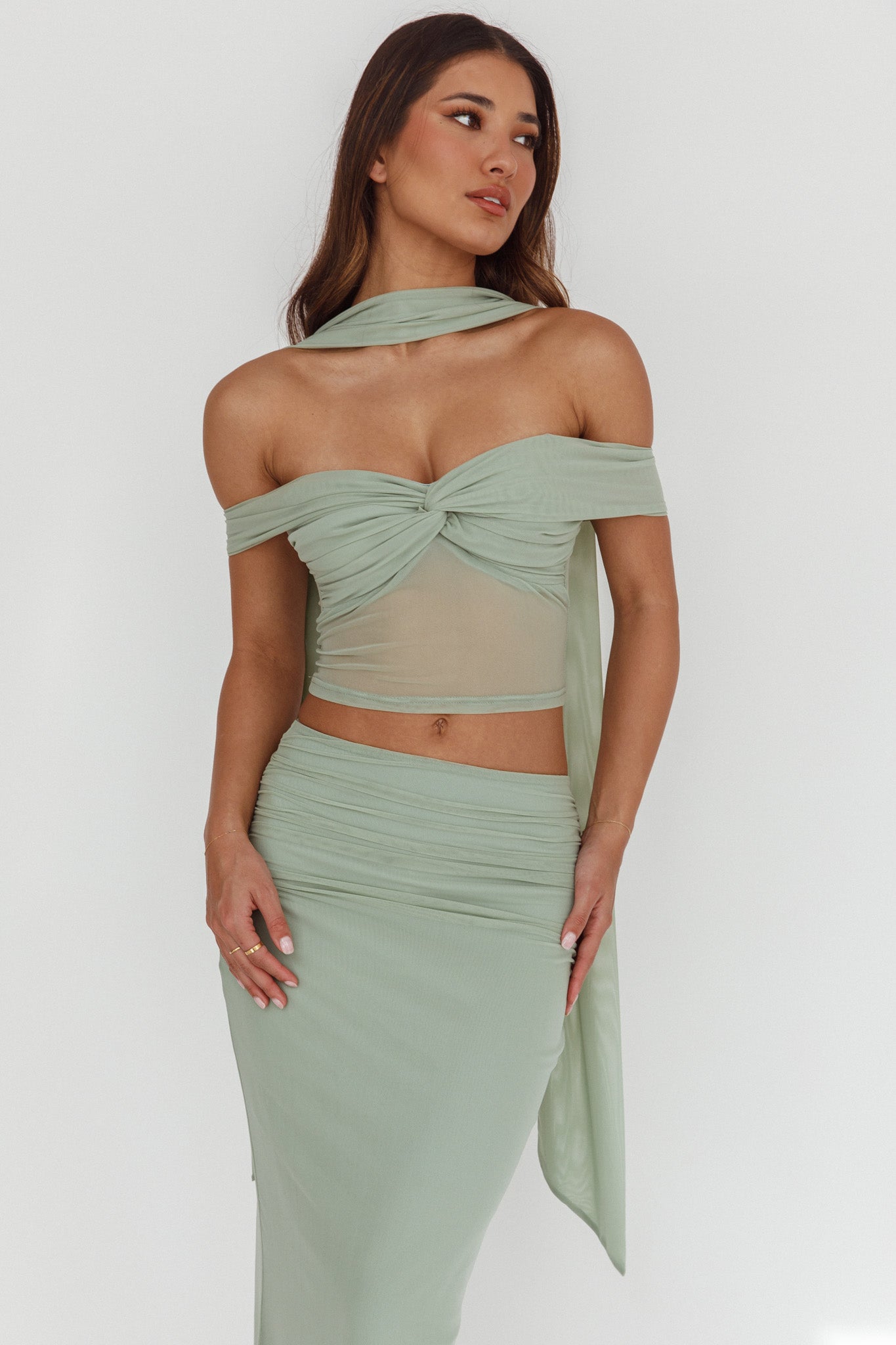 All The Lights Off-Shoulder Crop Top Sage by Selfie Leslie