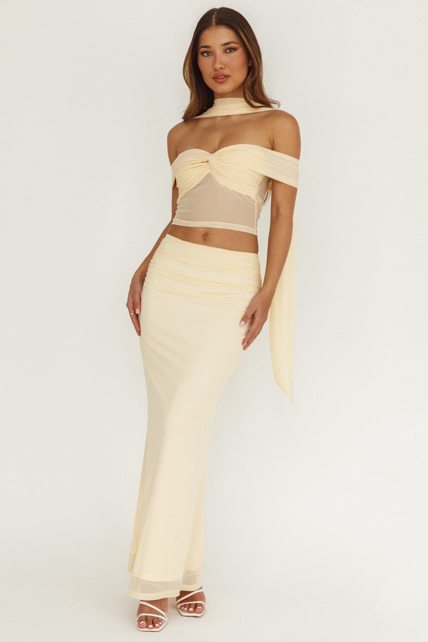 All The Lights Off-Shoulder Crop Top Cream by Selfie Leslie