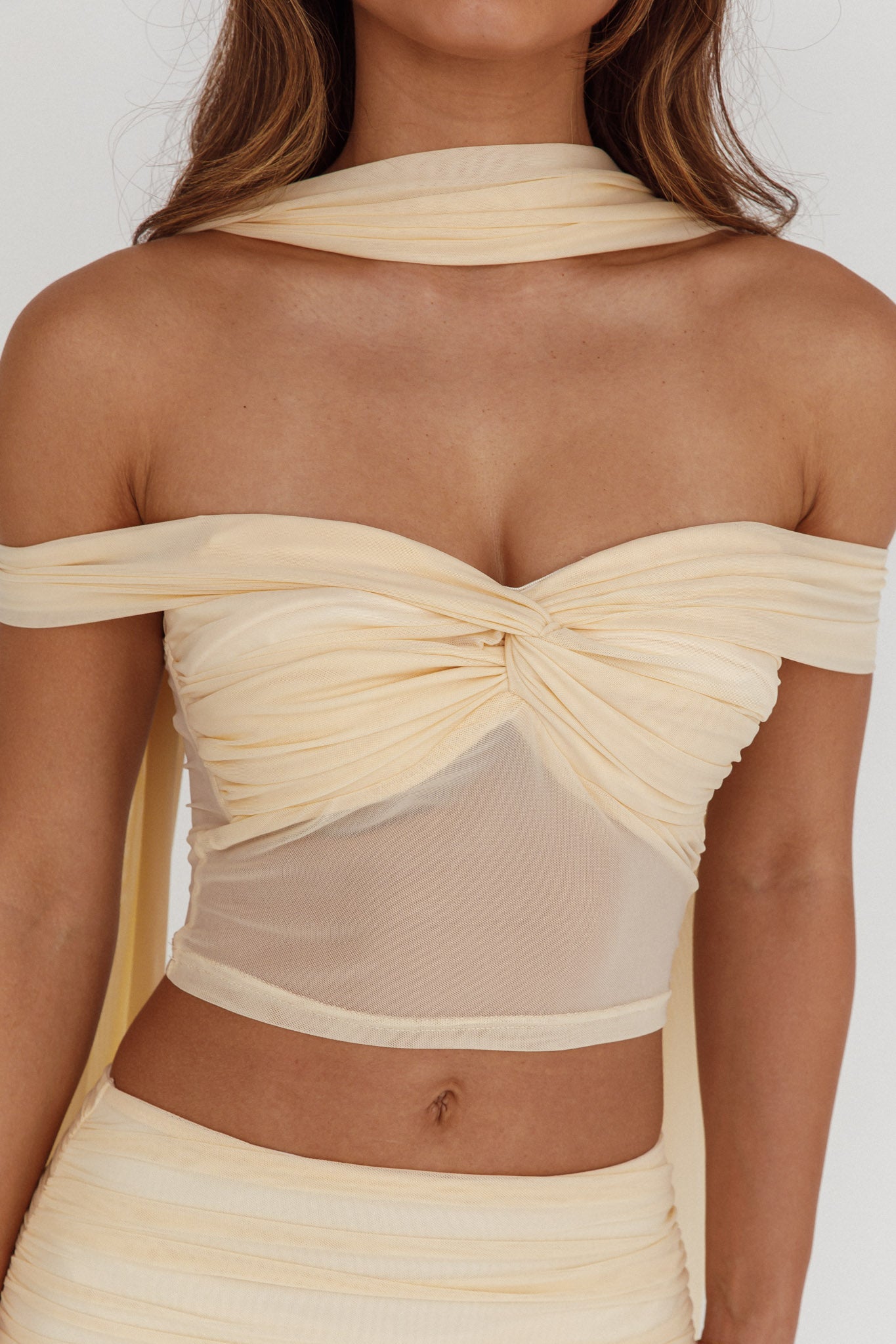 All The Lights Off-Shoulder Crop Top Cream by Selfie Leslie