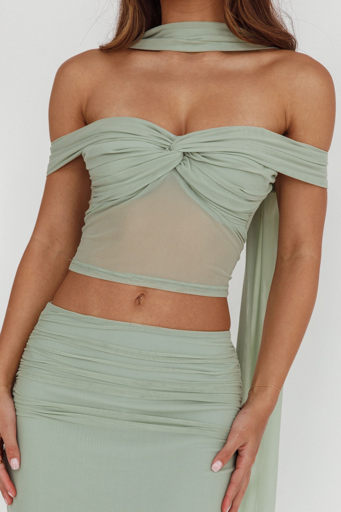 All The Lights Off-Shoulder Crop Top Sage by Selfie Leslie