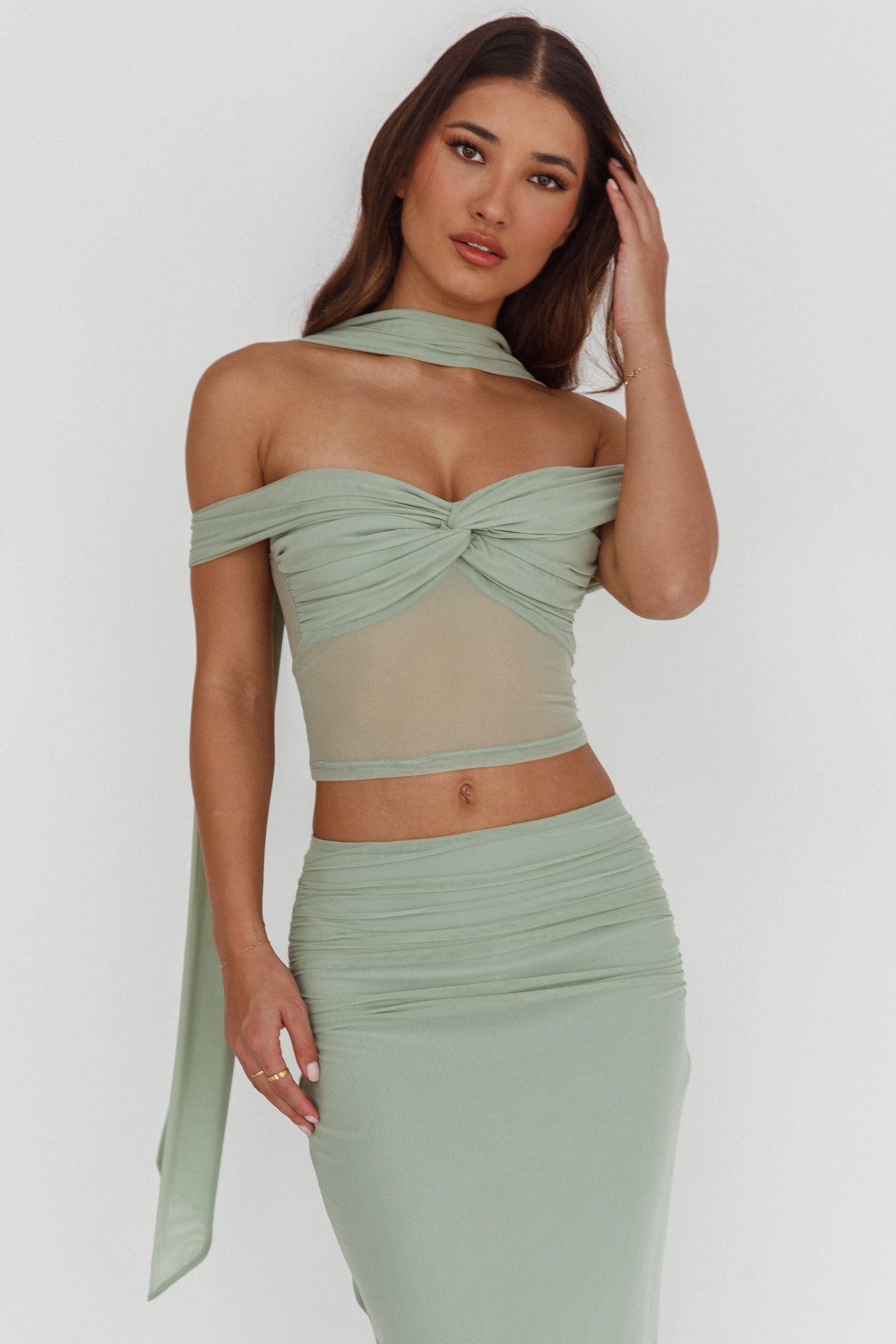All The Lights Off-Shoulder Crop Top Sage by Selfie Leslie