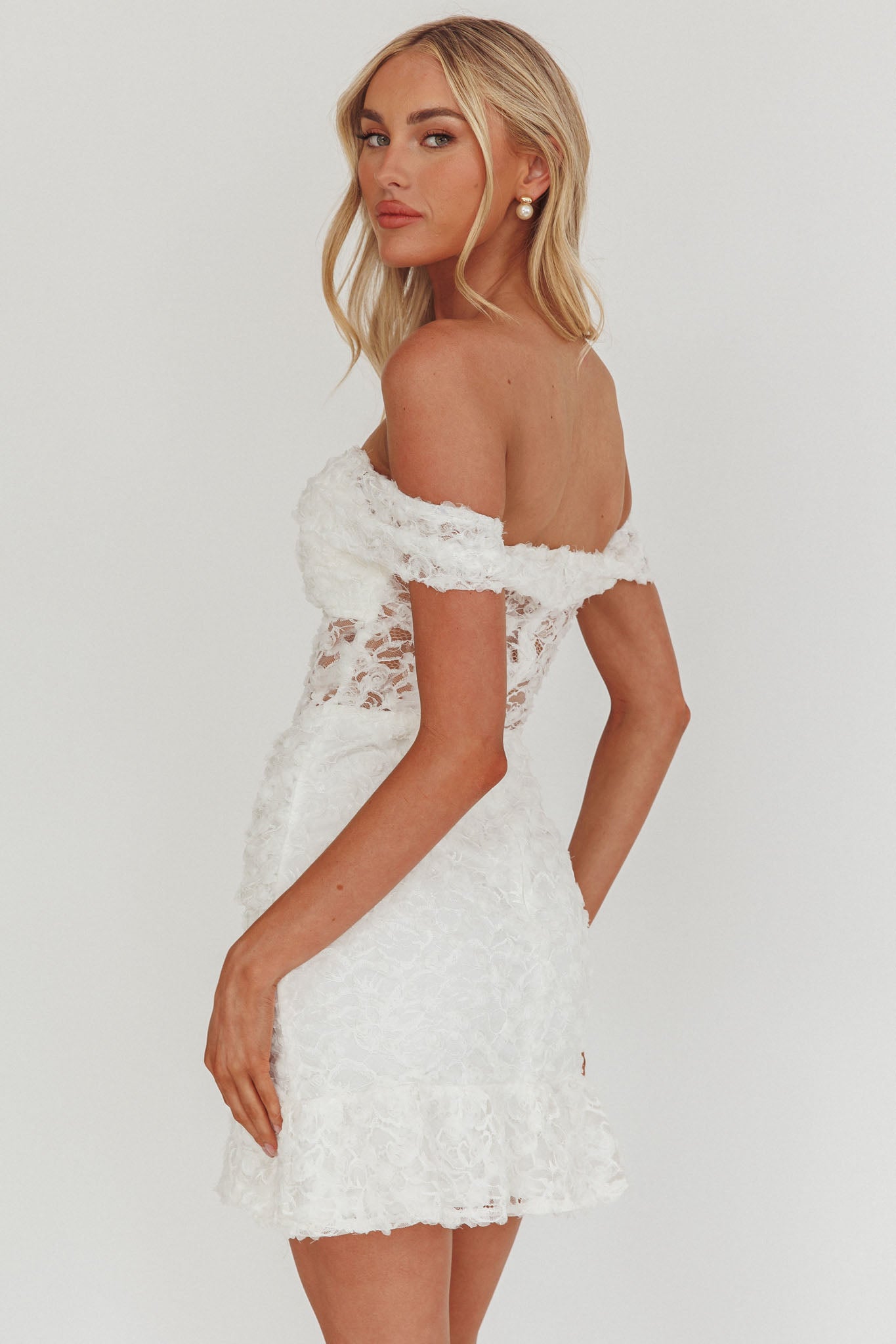 All The Lights Off-Shoulder Lace Mini Dress White by Selfie Leslie