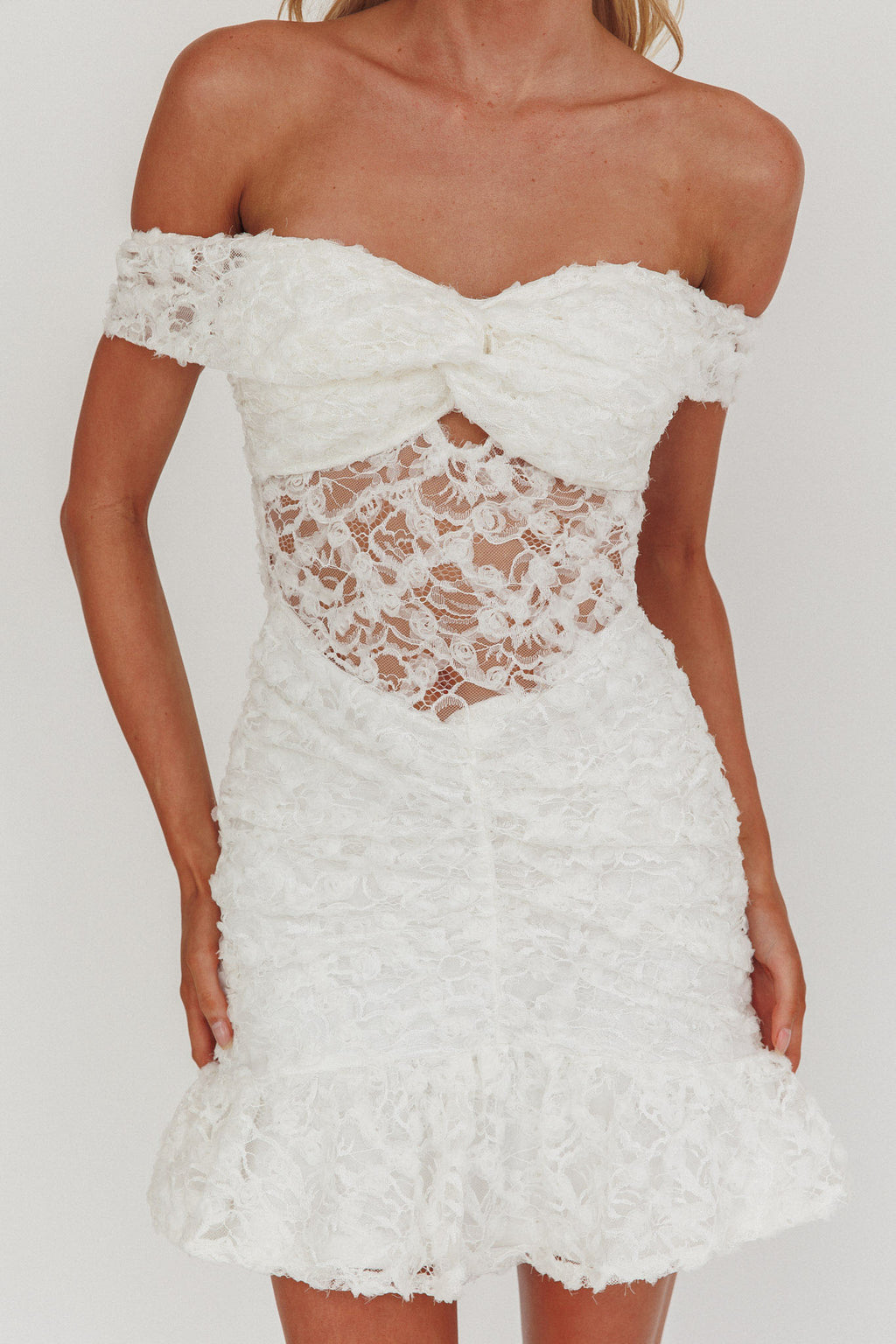 All The Lights Off-Shoulder Lace Mini Dress White by Selfie Leslie