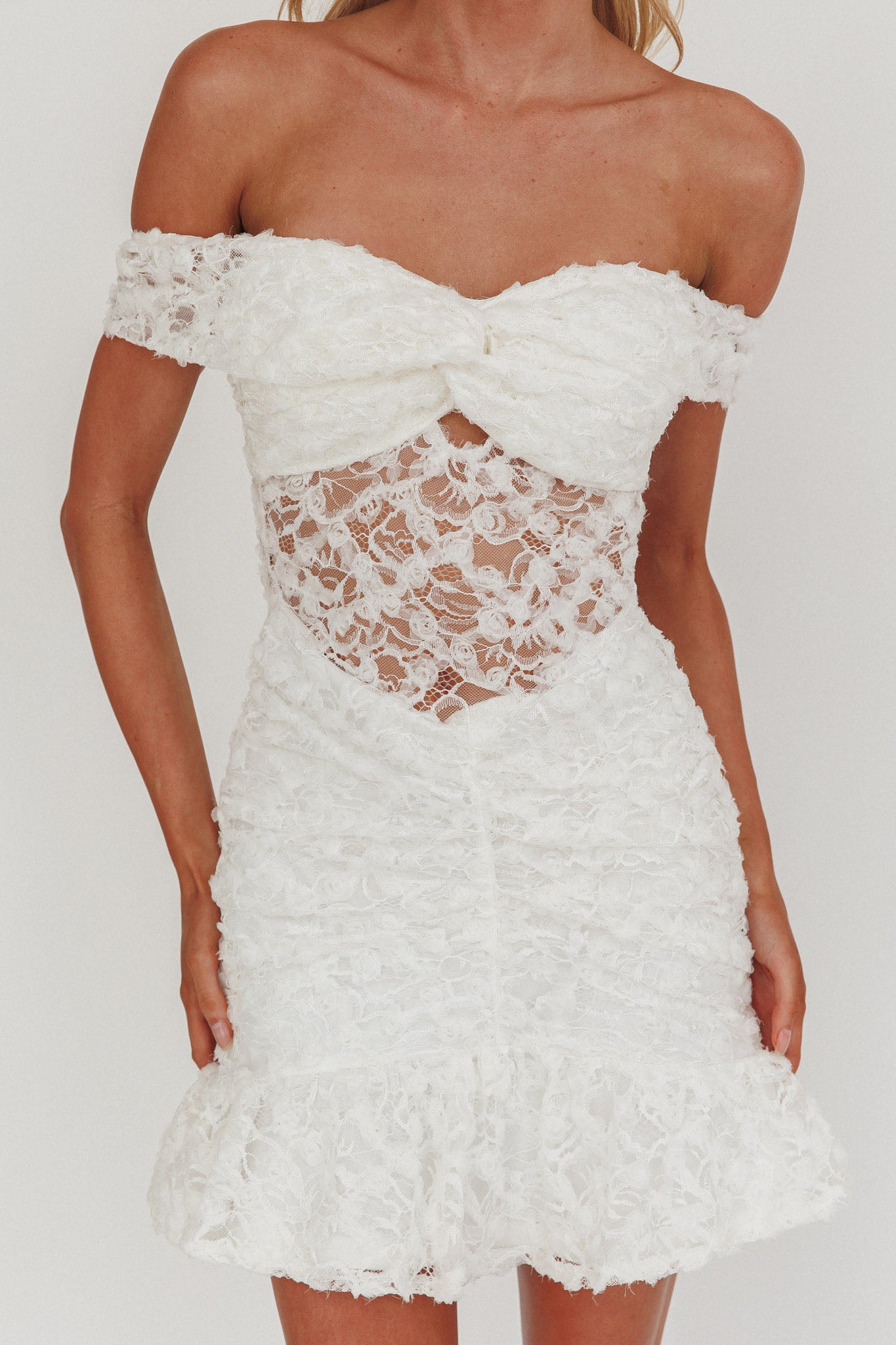 All The Lights Off-Shoulder Lace Mini Dress White by Selfie Leslie