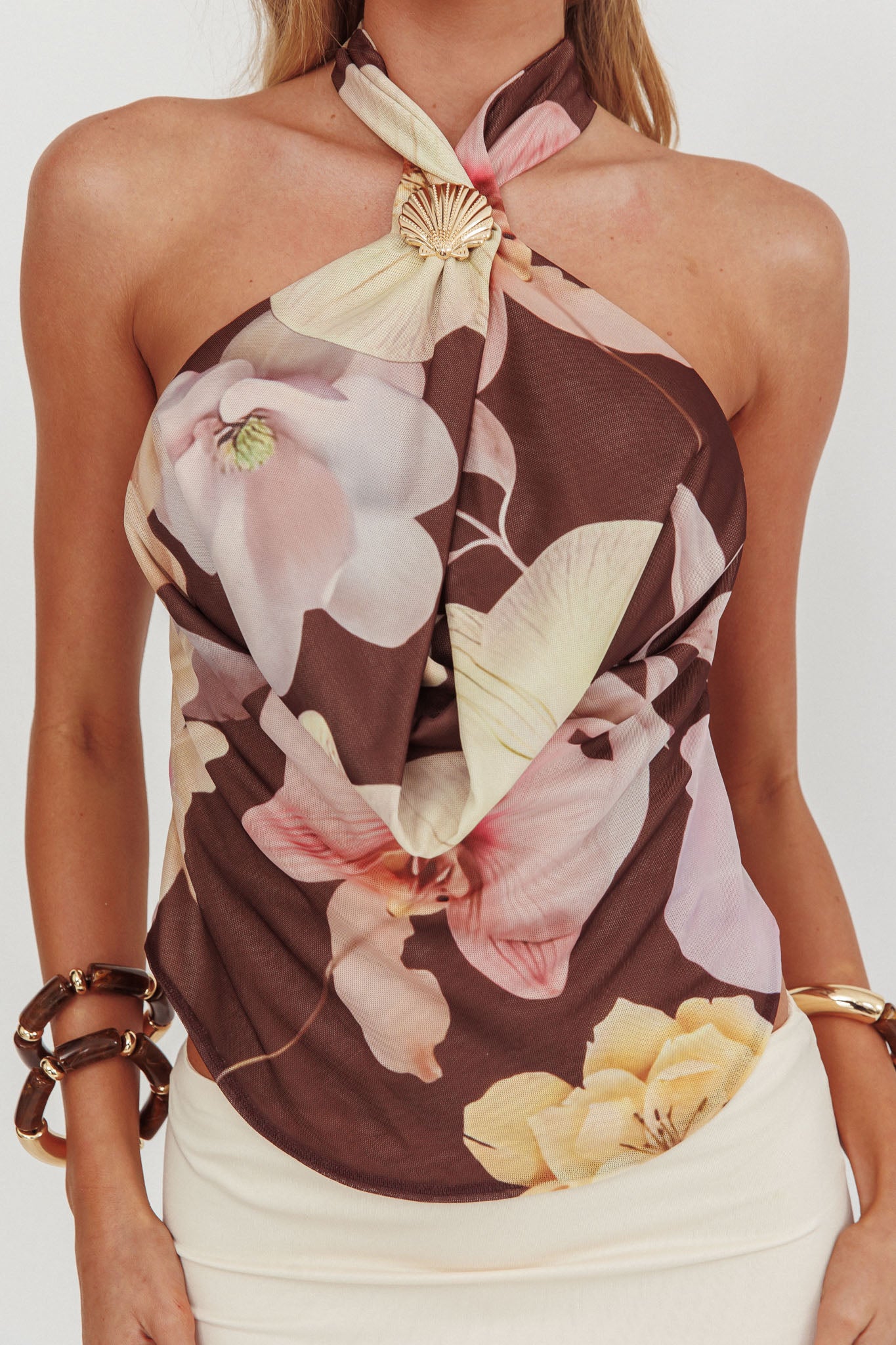 Wisteria Cowl Halterneck Top Floral Brown by Selfie Leslie