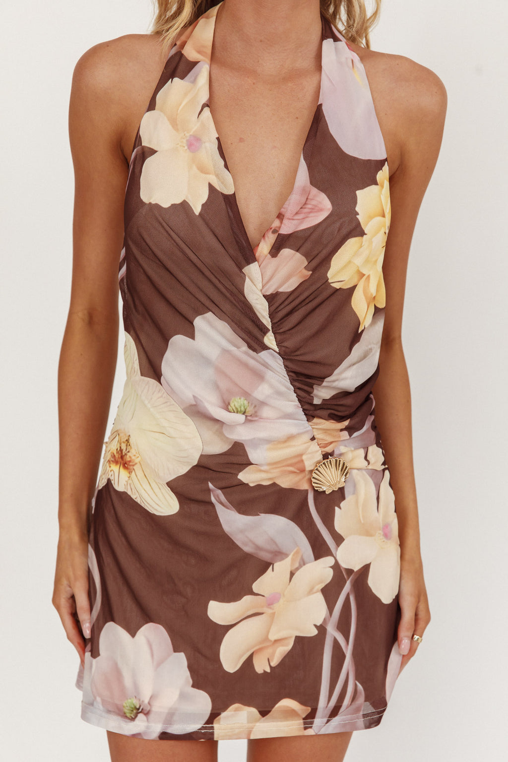 Joa Halterneck Mini Dress Floral Brown by Selfie Leslie