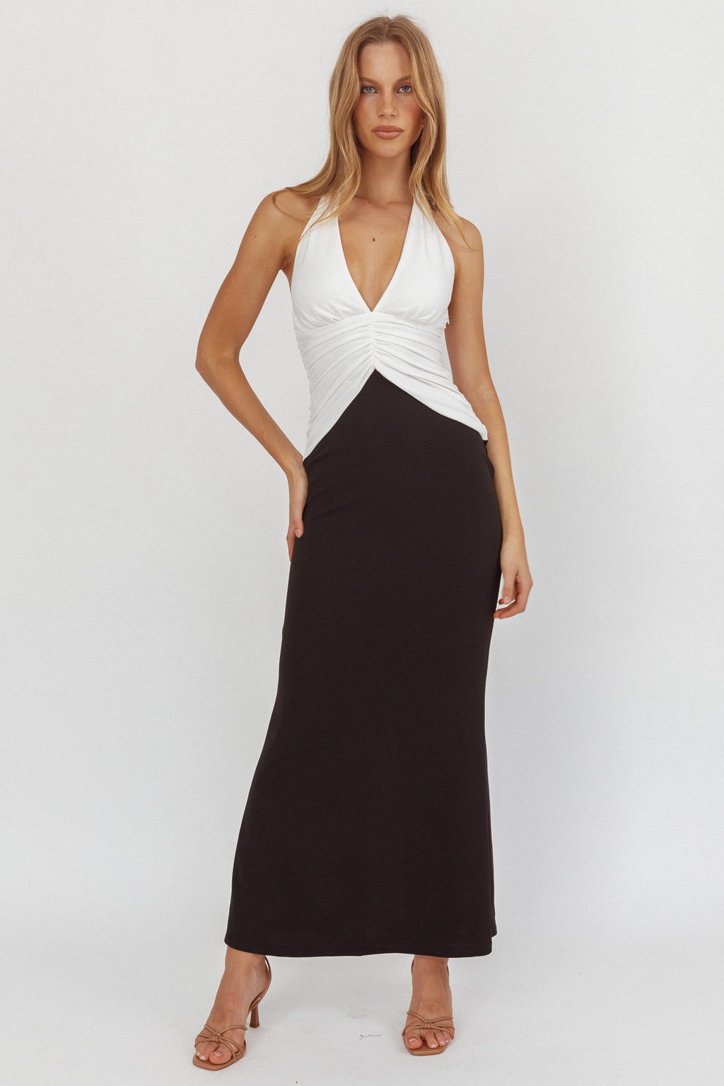 Lala Gathered Waist Maxi Dress White/Black by Selfie Leslie