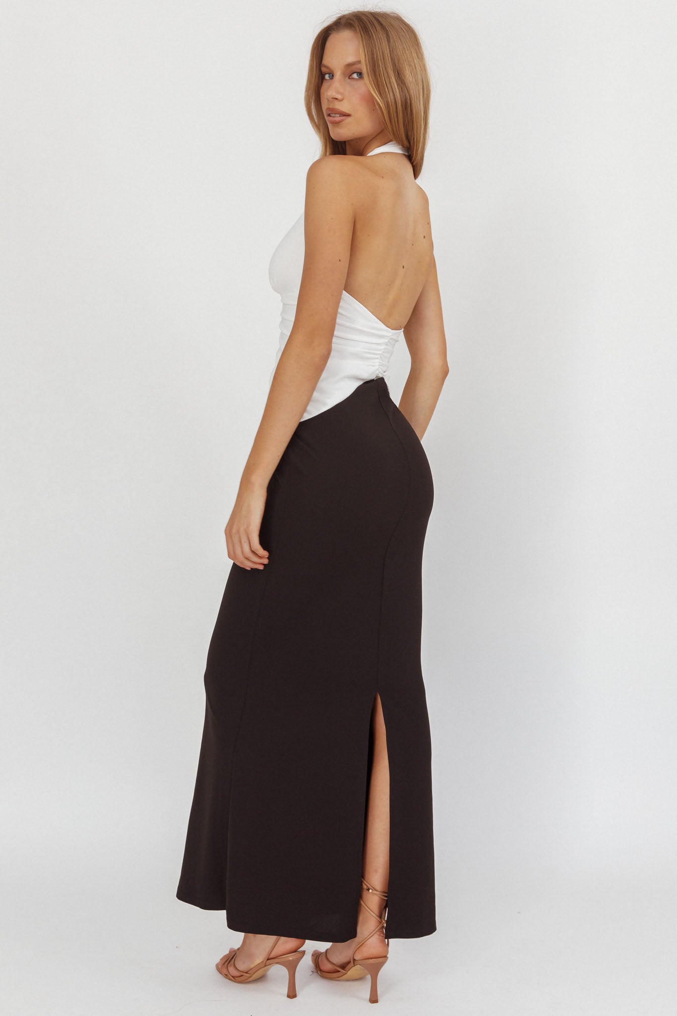 Lala Gathered Waist Maxi Dress White/Black by Selfie Leslie