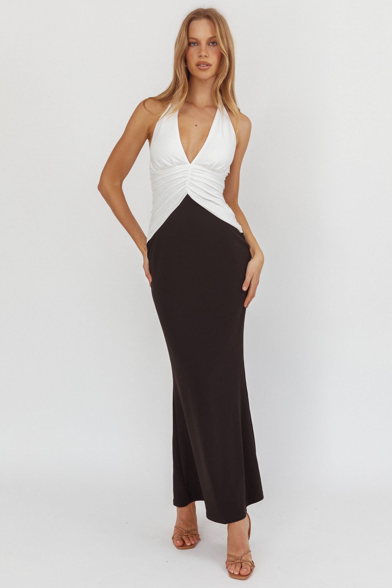 Lala Gathered Waist Maxi Dress White/Black by Selfie Leslie
