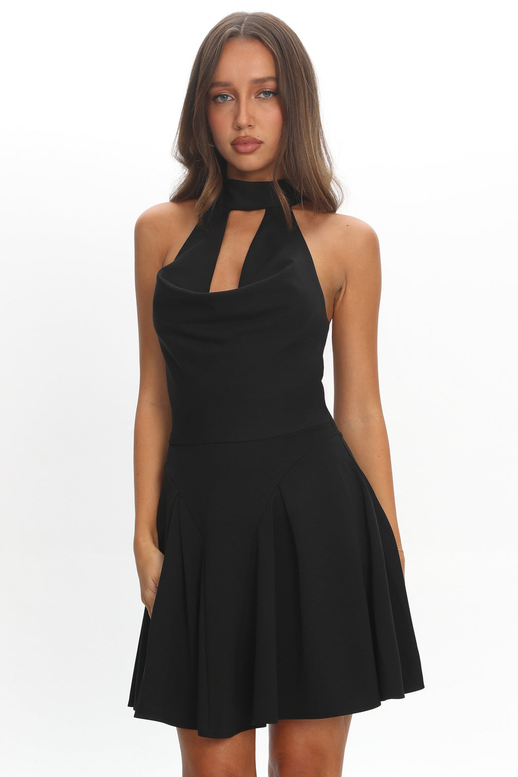 Charlene Cowl Halterneck Mini Dress Black
