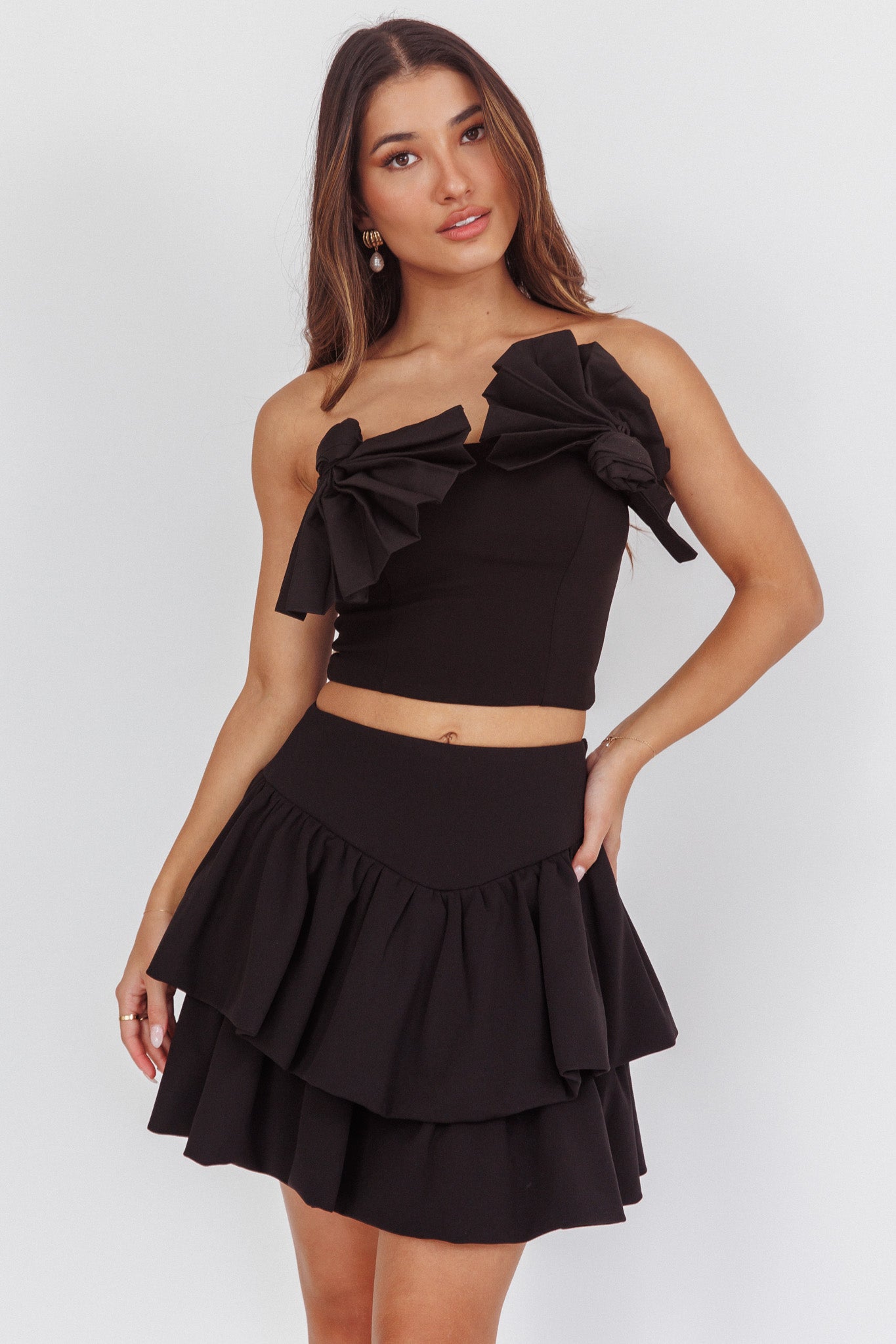 Deisi Concertina Layered Ruffle Mini Skirt Black by Selfie Leslie