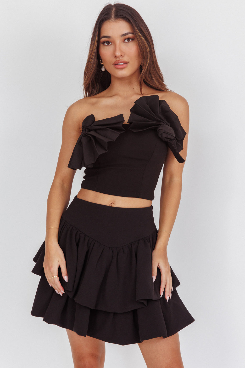 Deisi Concertina Layered Ruffle Mini Skirt Black by Selfie Leslie