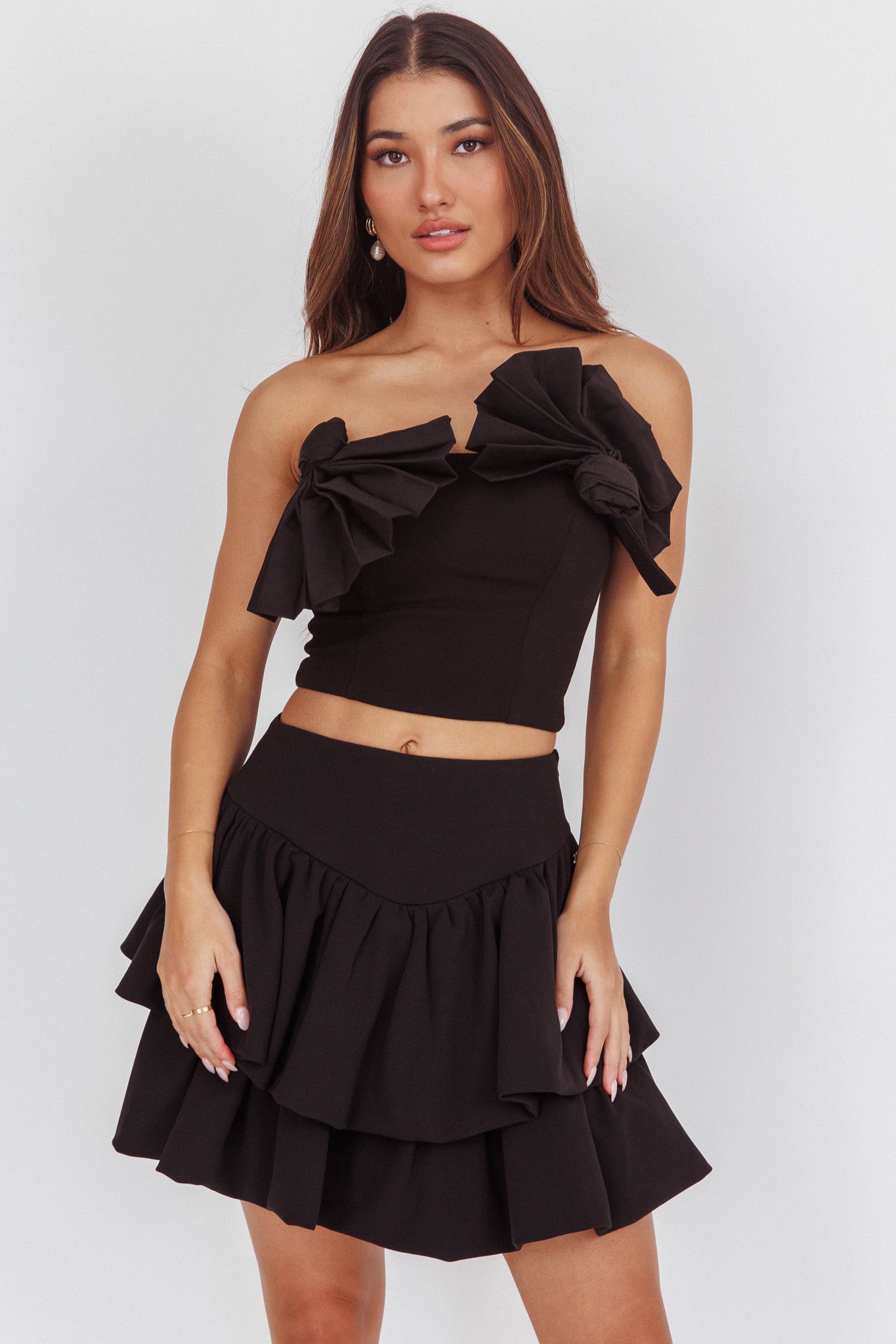 Deisi Concertina Layered Ruffle Mini Skirt Black by Selfie Leslie