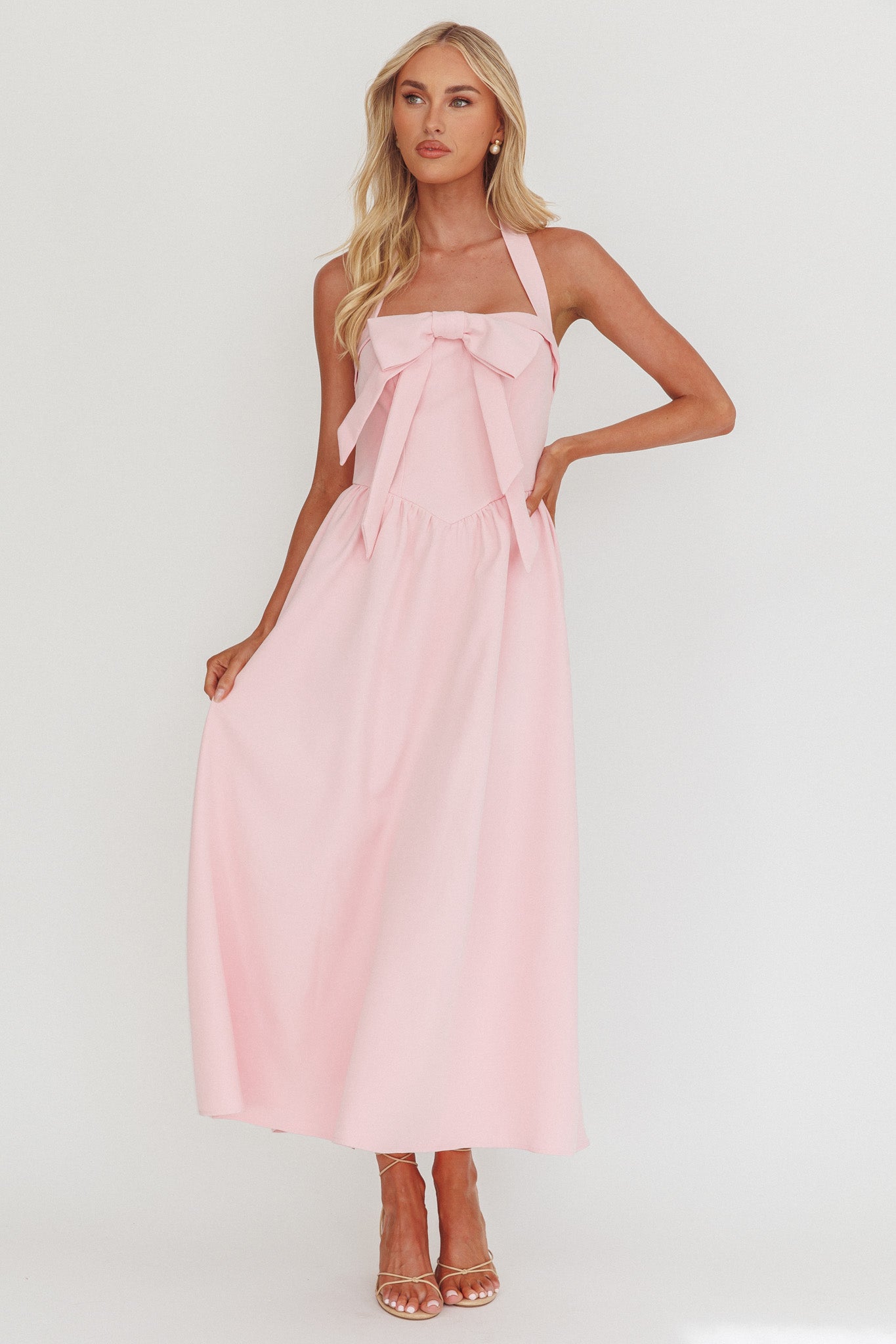 Ariarna Bow Halter Maxi Dress Pink Sorbet by Selfie Leslie