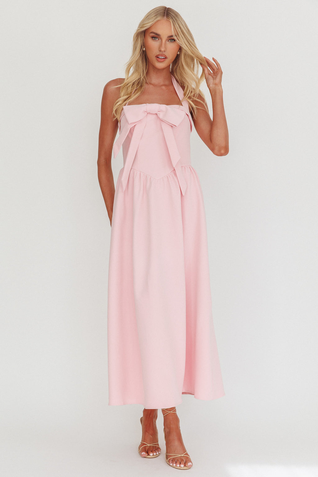 Ariarna Bow Halter Maxi Dress Pink Sorbet by Selfie Leslie