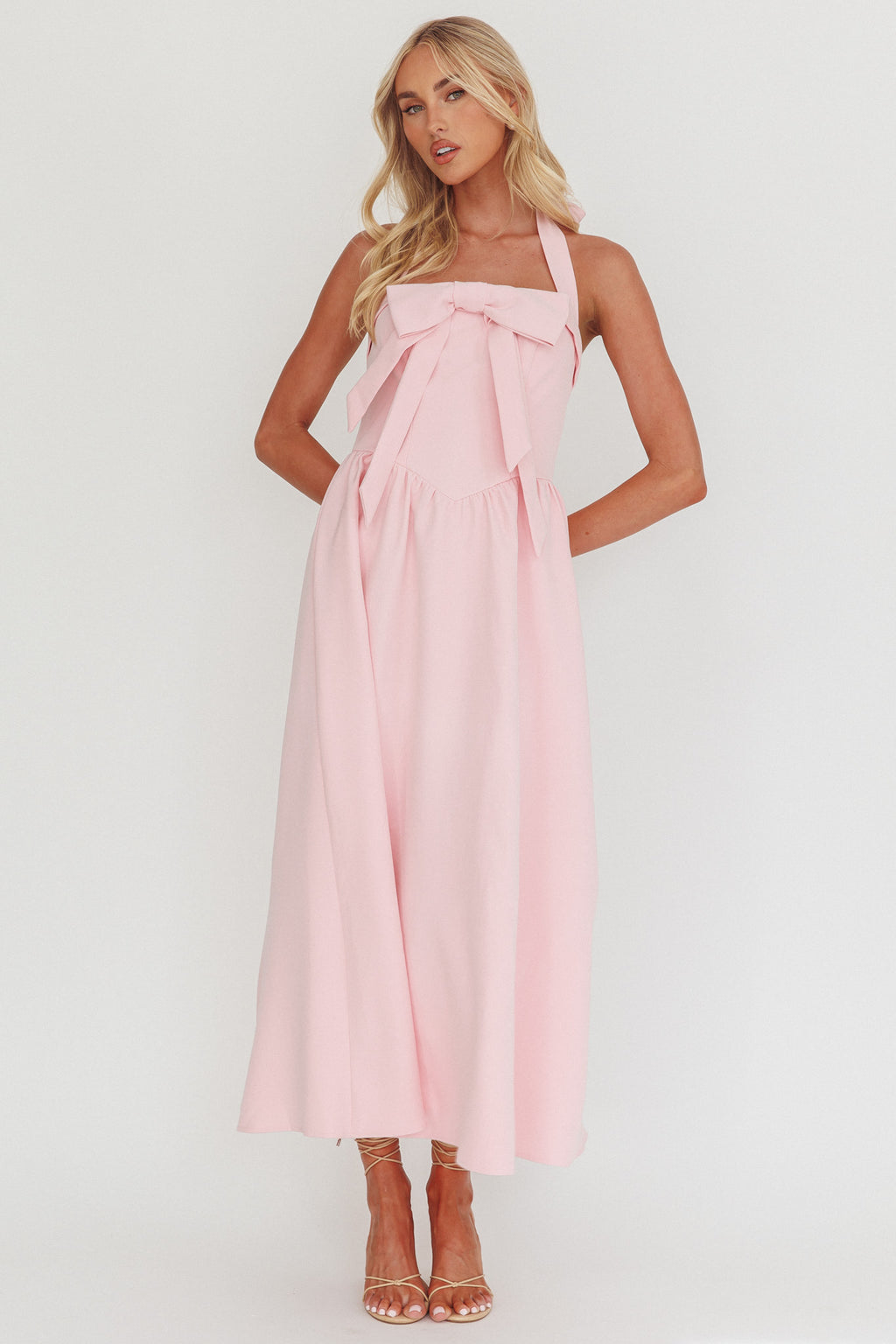 Ariarna Bow Halter Maxi Dress Pink Sorbet by Selfie Leslie