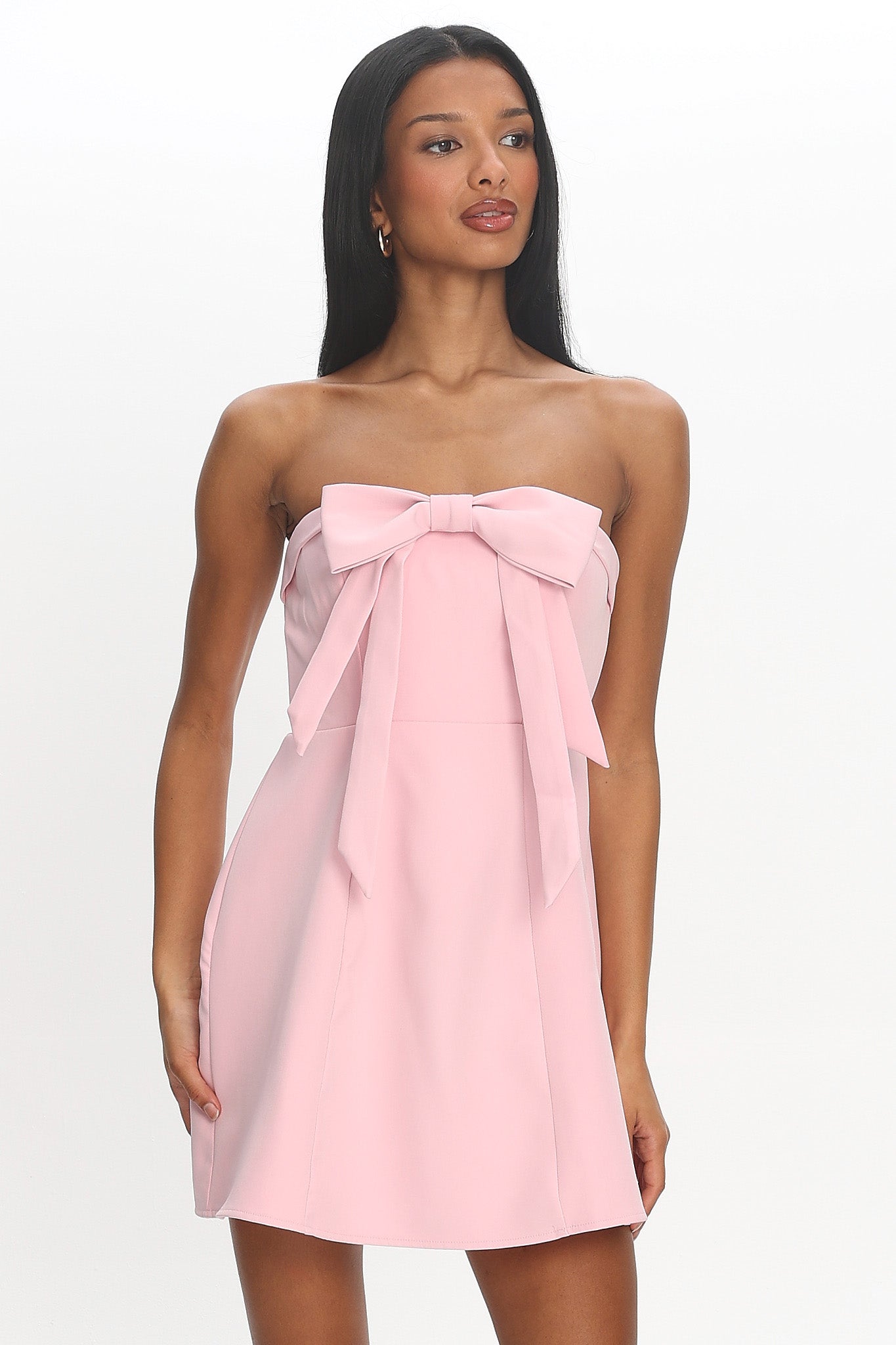 pink strapless dress with bow on back Mina Strapless Bow Bodycon Mini Dress American Threads Trendy Boutique Pink / S