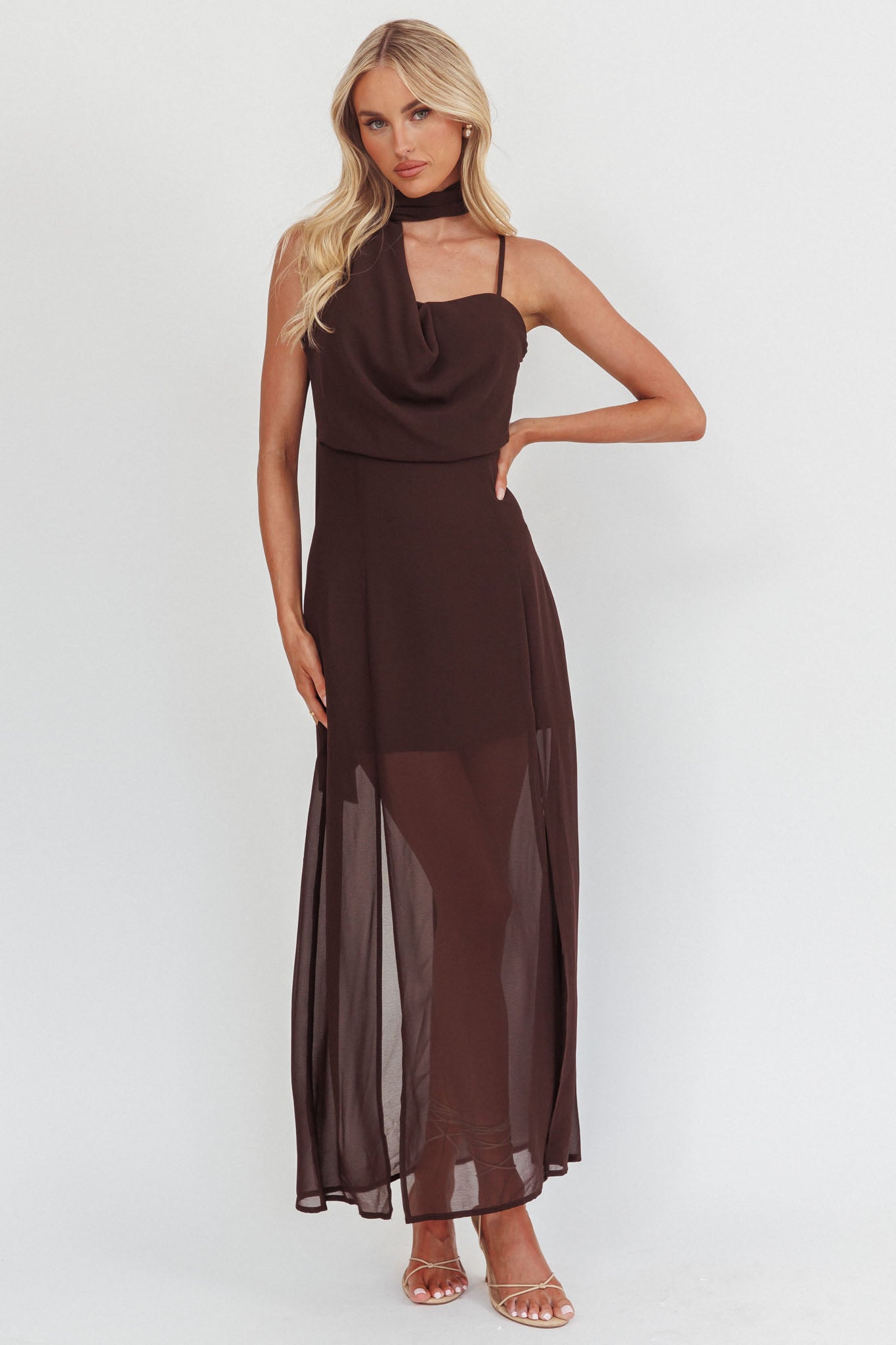 Shop the My Paradise Neck Scarf Maxi Dress Chocolate