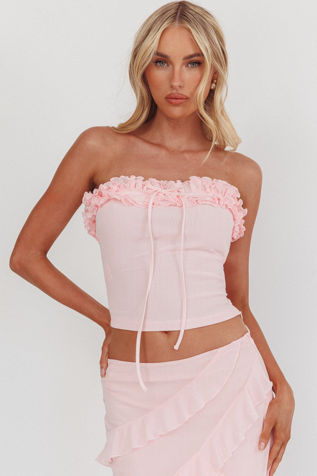 Frosted Sugar Frill Strapless Top Pink by Selfie Leslie