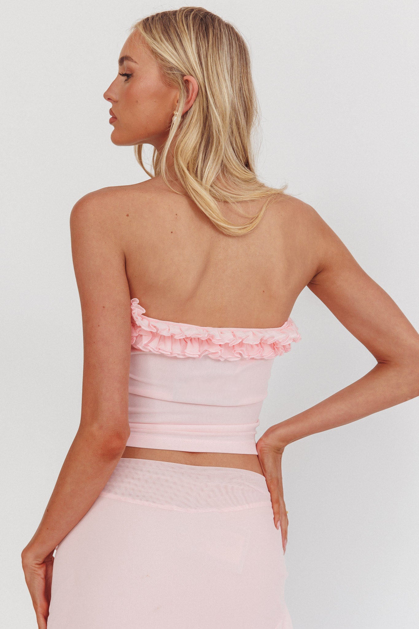 Frosted Sugar Frill Strapless Top Pink by Selfie Leslie