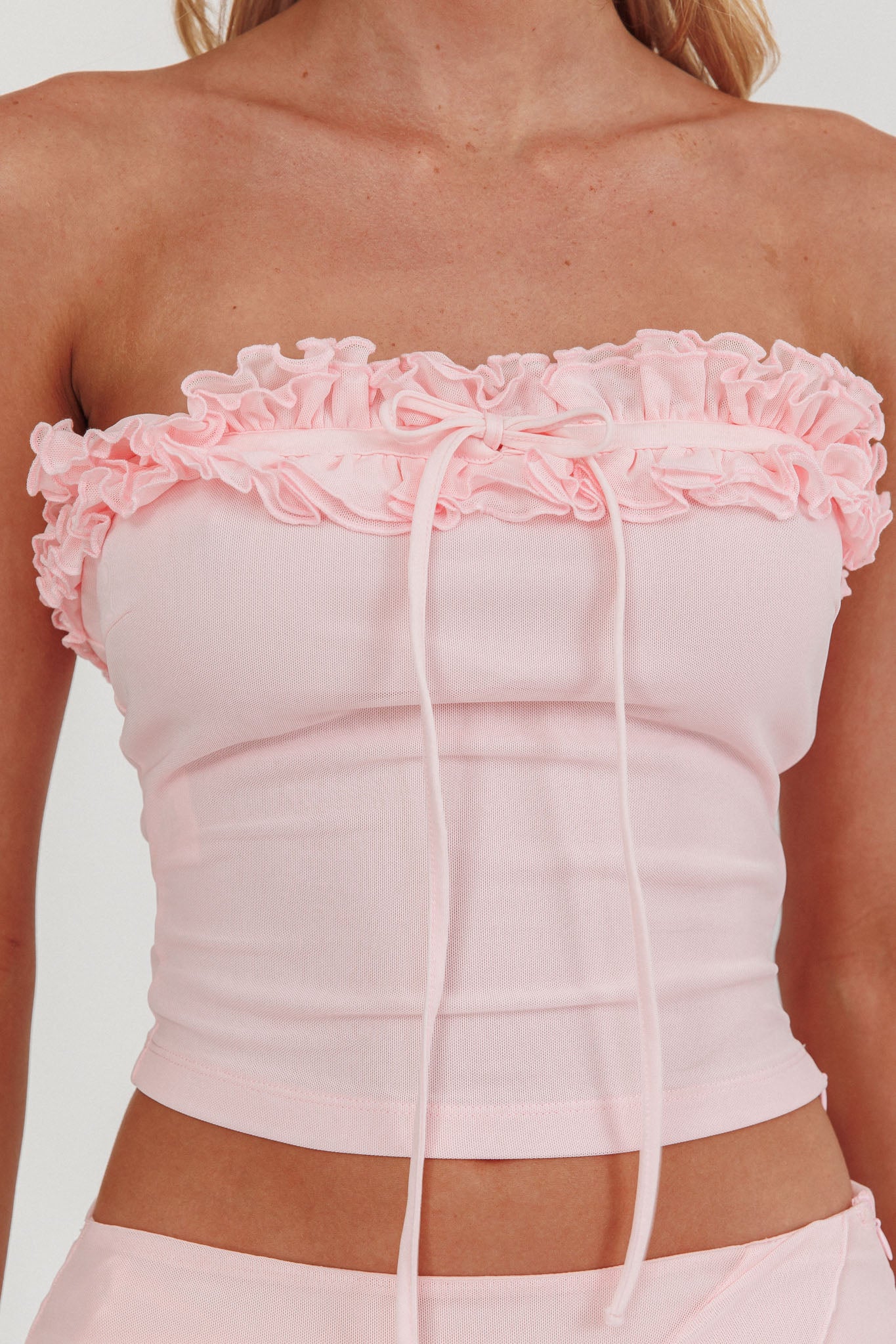 Frosted Sugar Frill Strapless Top Pink by Selfie Leslie