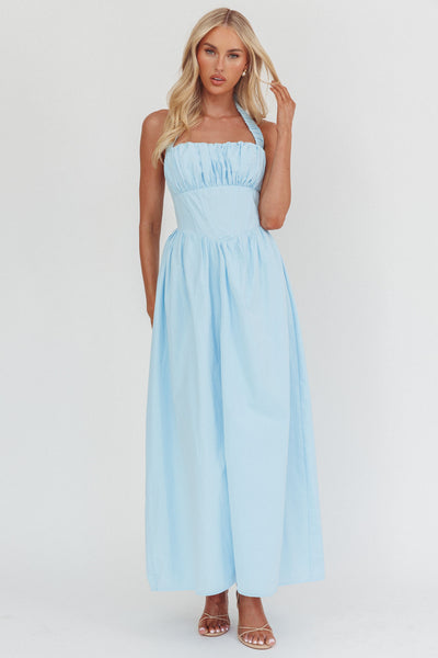 Irisa Elasticated Halter Maxi Dress Ice Blue– Selfie Leslie