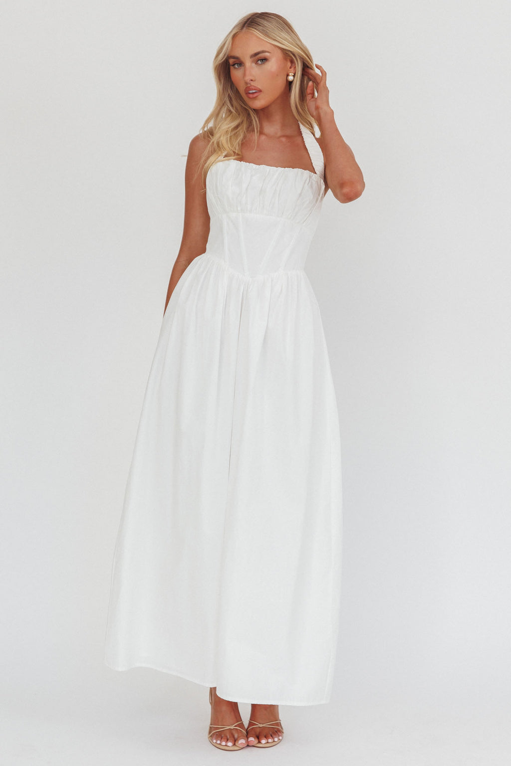 Irisa Elasticated Halter Maxi Dress White by Selfie Leslie