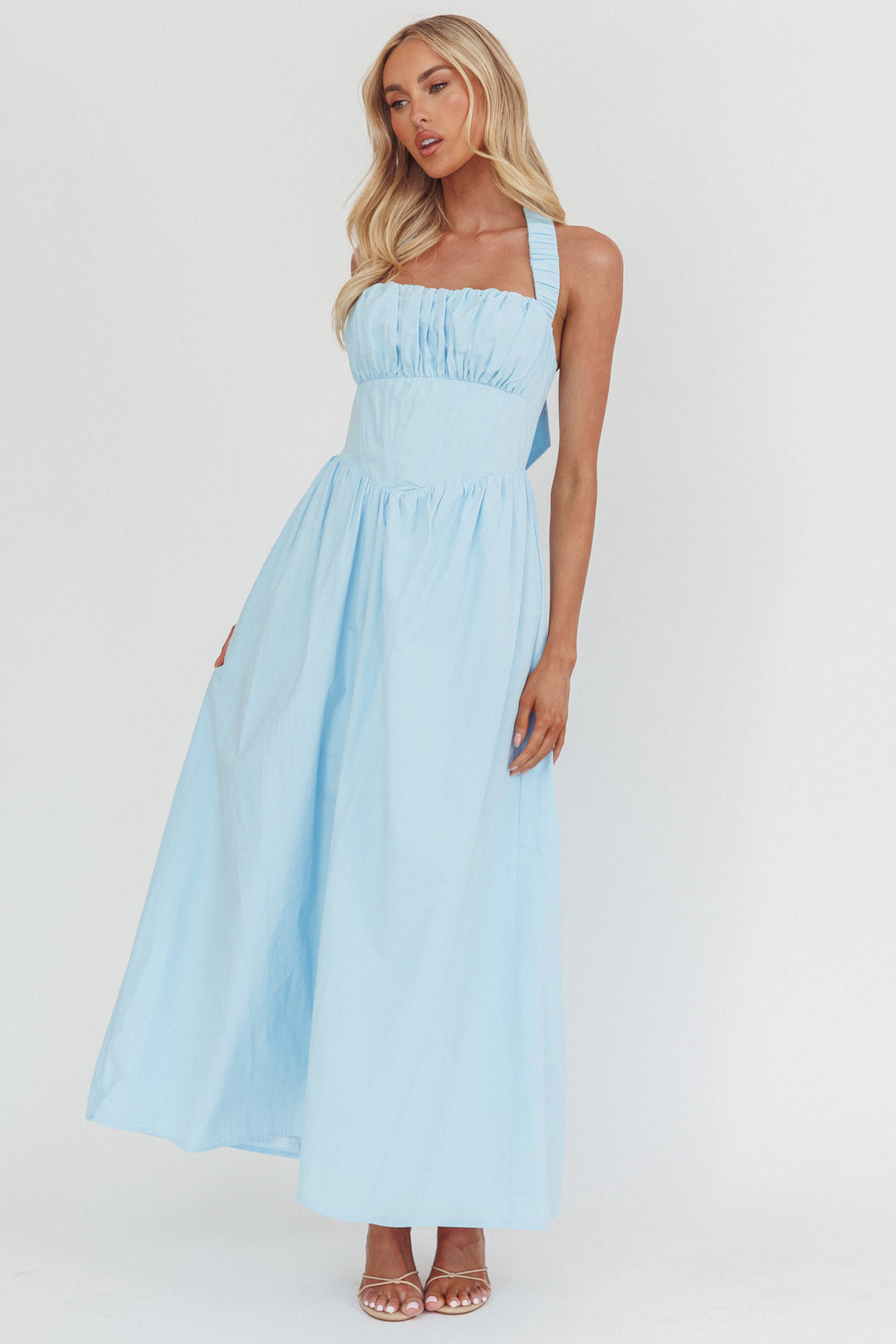 Irisa Elasticated Halter Maxi Dress Ice Blue by Selfie Leslie