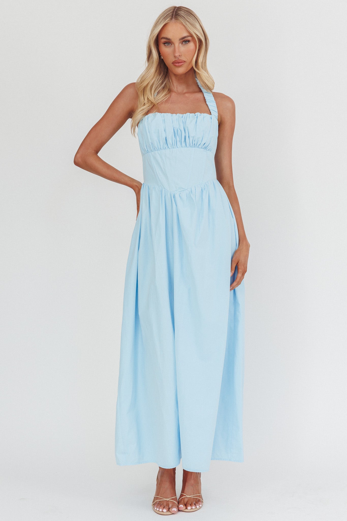 Irisa Elasticated Halter Maxi Dress Ice Blue by Selfie Leslie